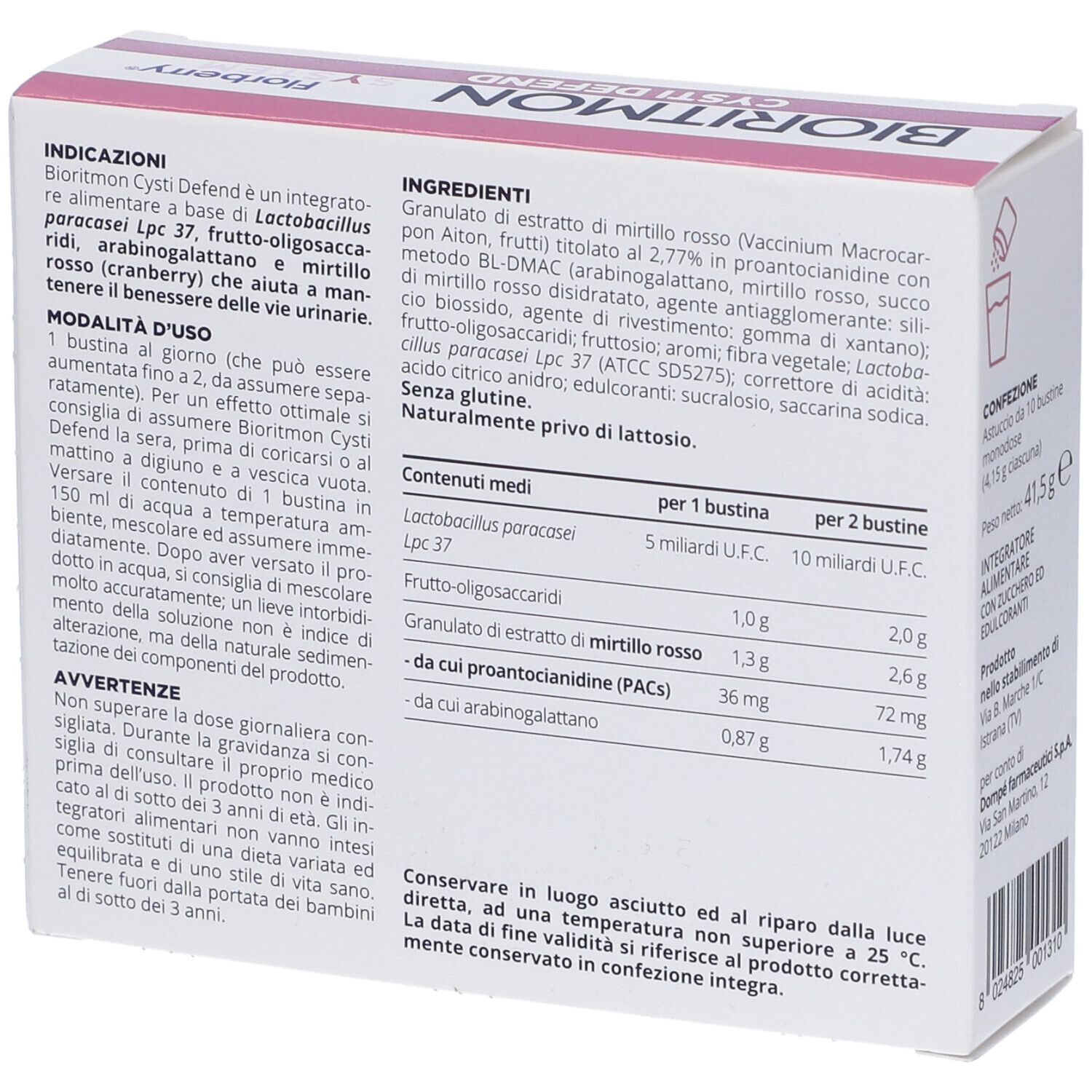 Retro della scatola Bioritmon Cysti Defend. Ingredienti, istruzioni per l'uso e tabella nutrizionale.