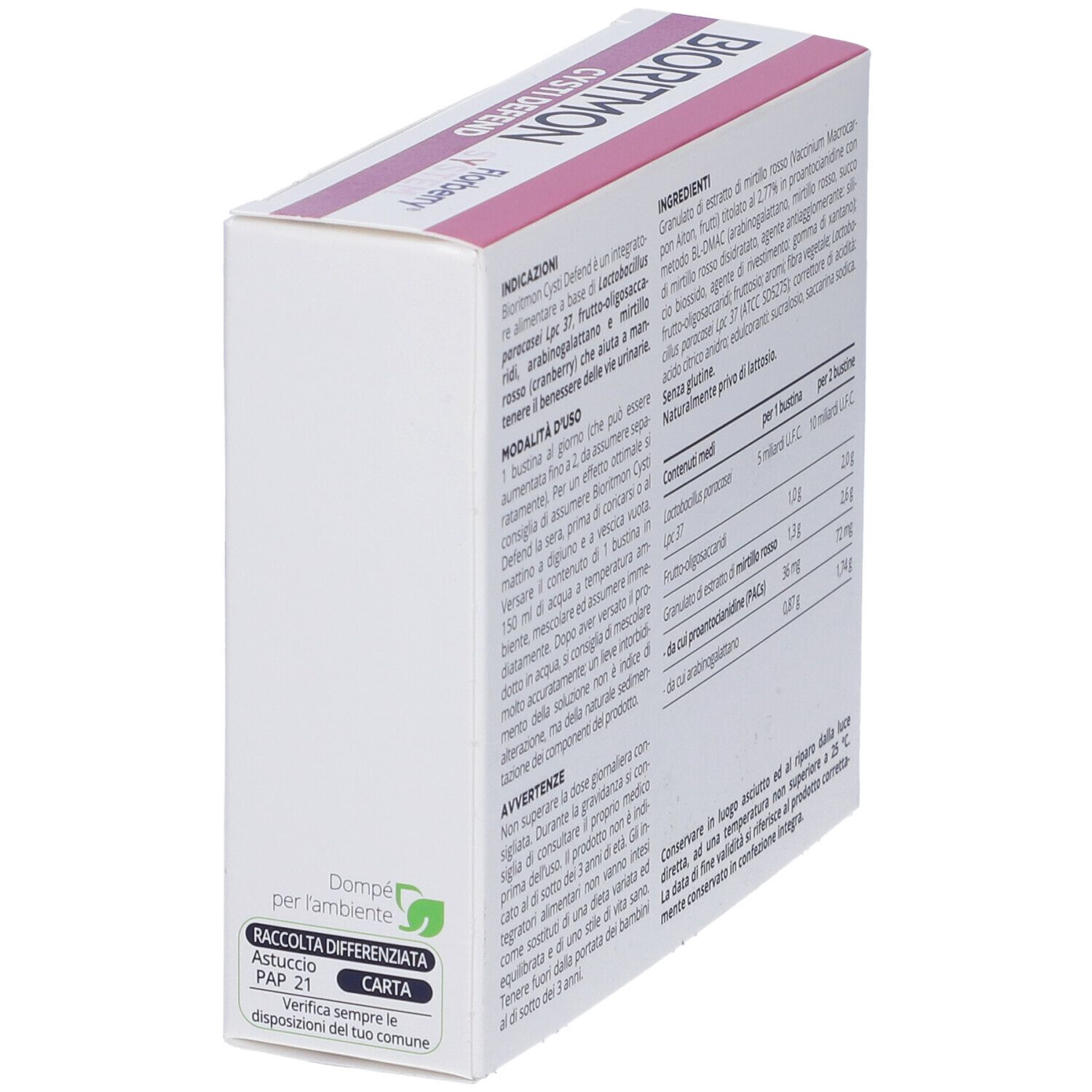 Lato della scatola Bioritmon Cysti Defend. Informazioni sullo smaltimento e indirizzo del produttore.