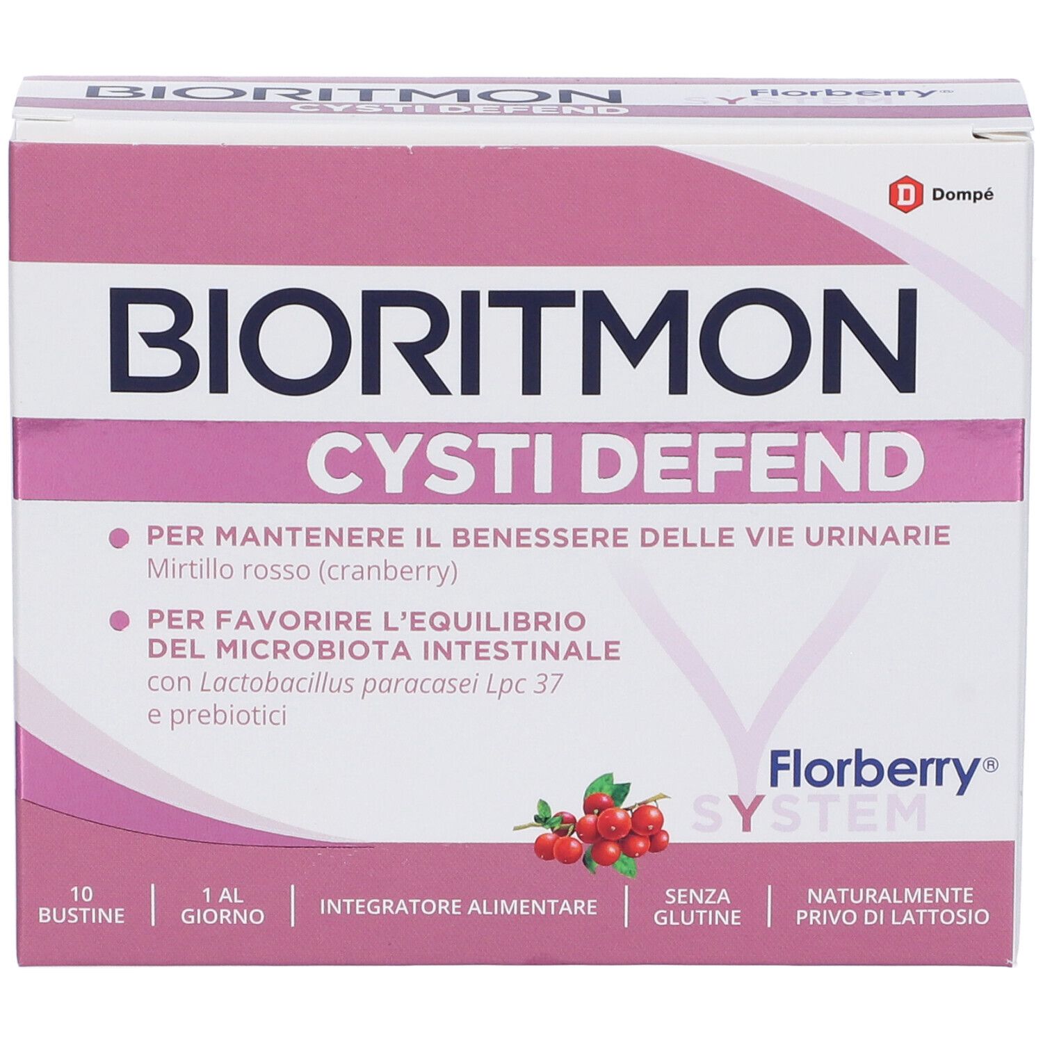 Fronte della scatola Bioritmon Cysti Defend. Nome del prodotto, dettagli e illustrazione di mirtilli rossi.