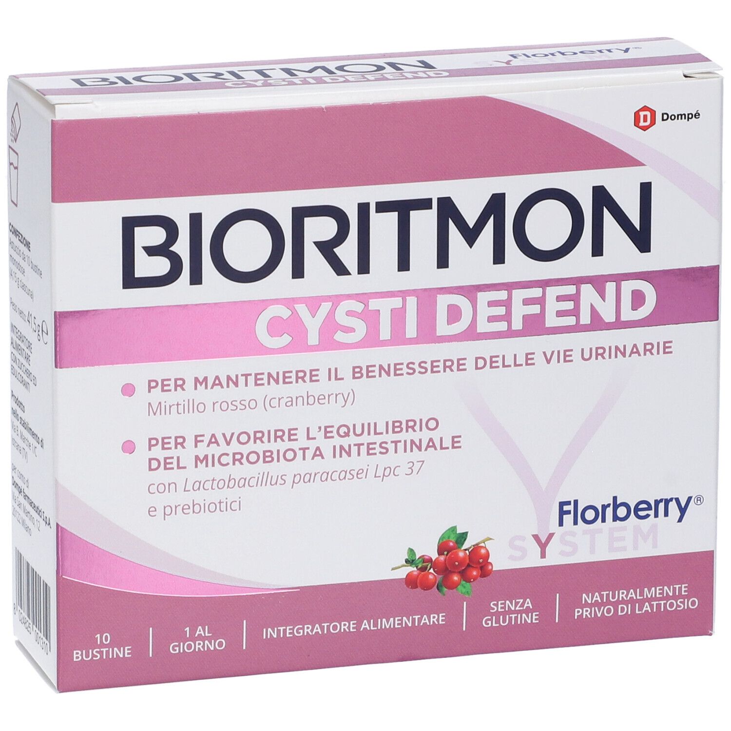 Scatola Bioritmon Cysti Defend. Rosa e bianca, con nome del prodotto e dettagli. Illustrazione di mirtilli rossi.