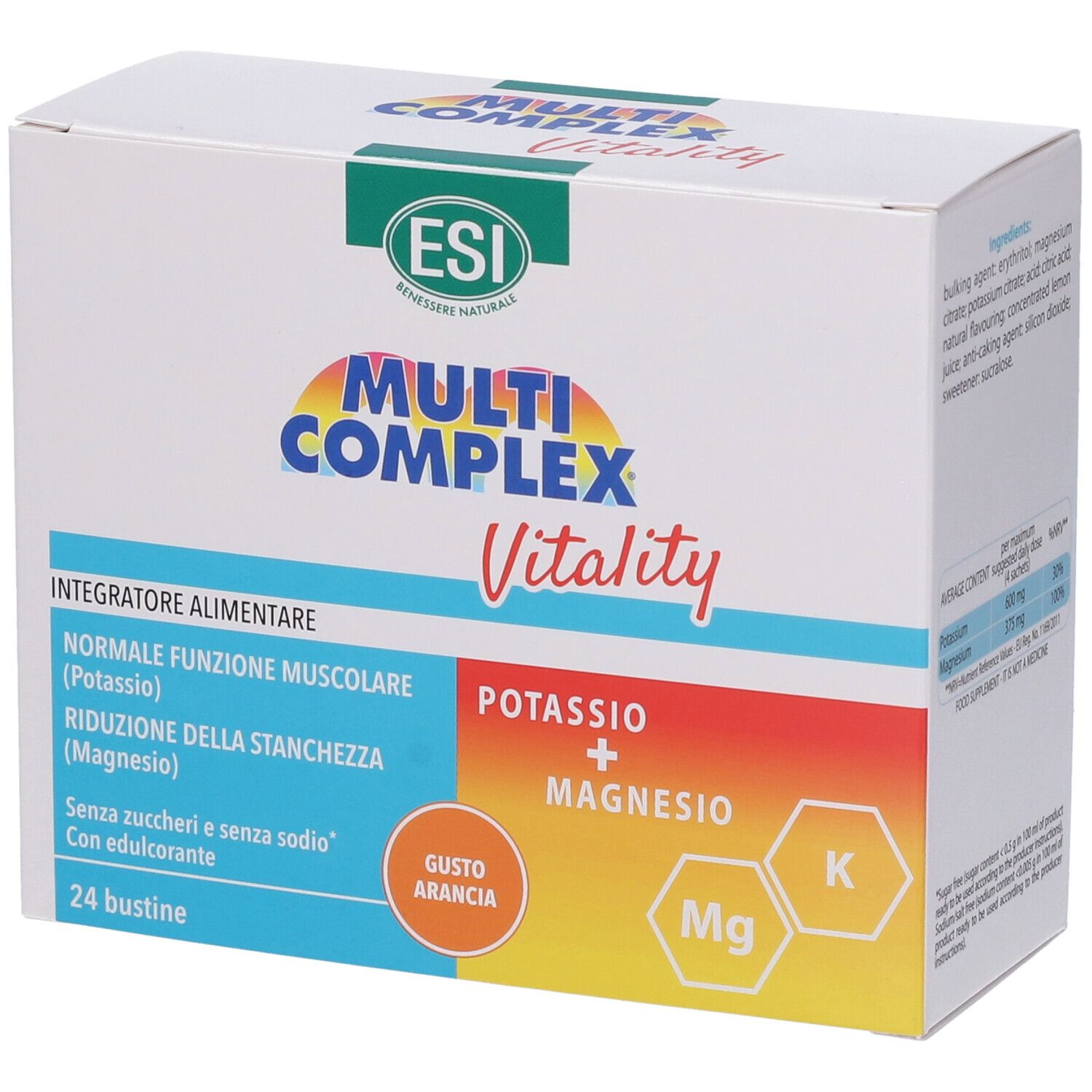 Scatola Esi Multi Complex Vitality. Scatola bianca con nome e logo del prodotto. Contiene 24 bustine.