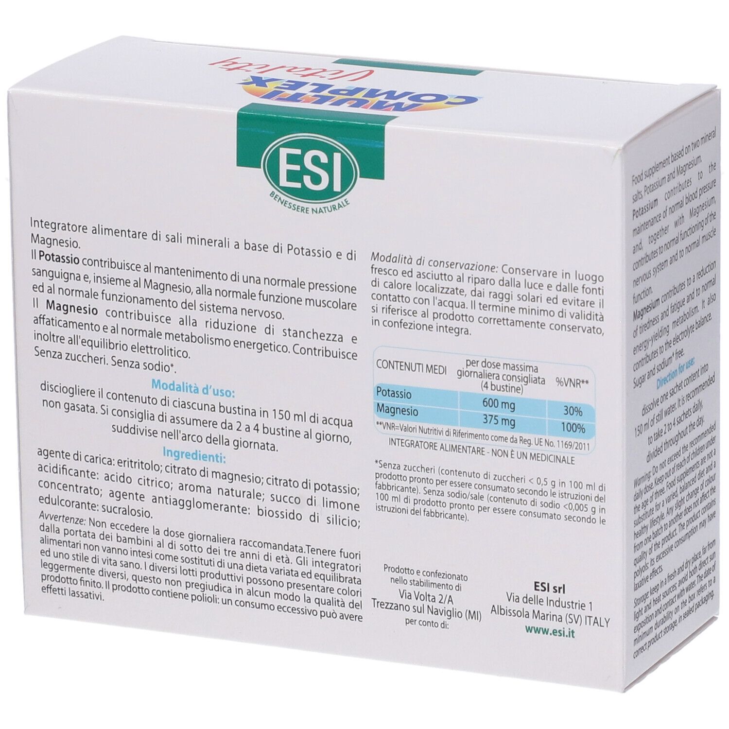 Retro della scatola Esi Multi Complex Vitality. Contiene informazioni sugli ingredienti e il valore nutrizionale. Scatola bianca.