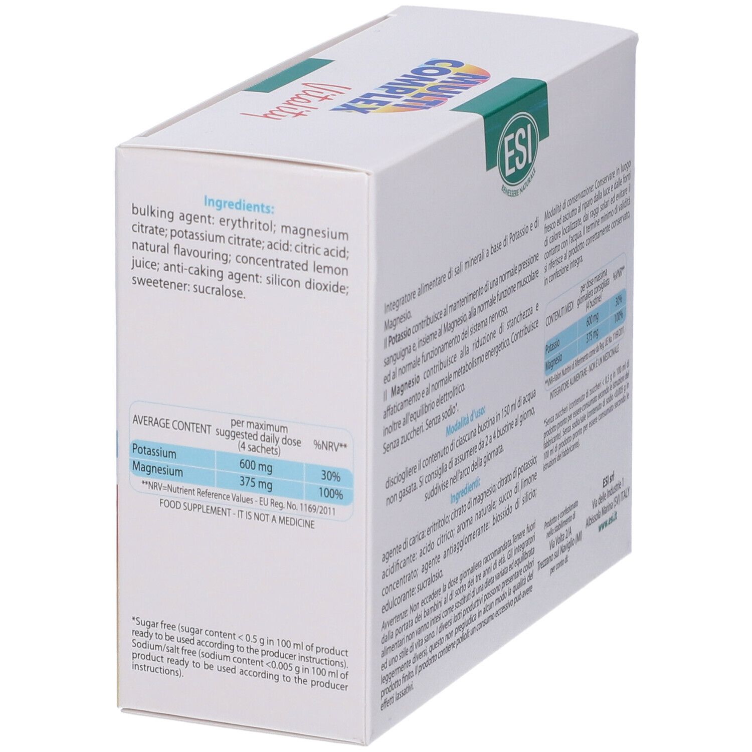 Scatola Esi Multi Complex Vitality. Contiene informazioni sugli ingredienti e il valore nutrizionale. Scatola bianca.