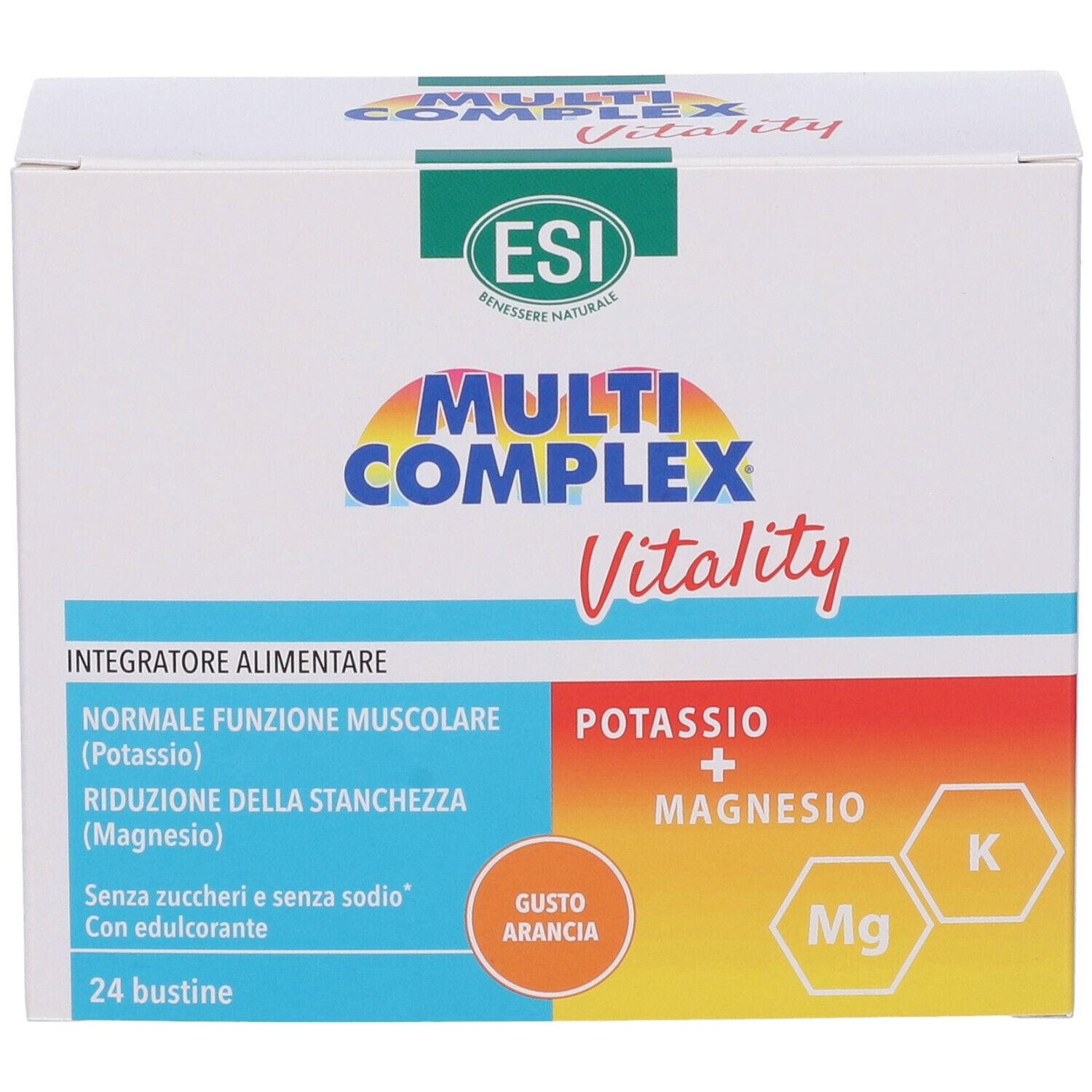 Scatola Esi Multi Complex Vitality. Scatola bianca con nome e logo del prodotto. Contiene 24 bustine.