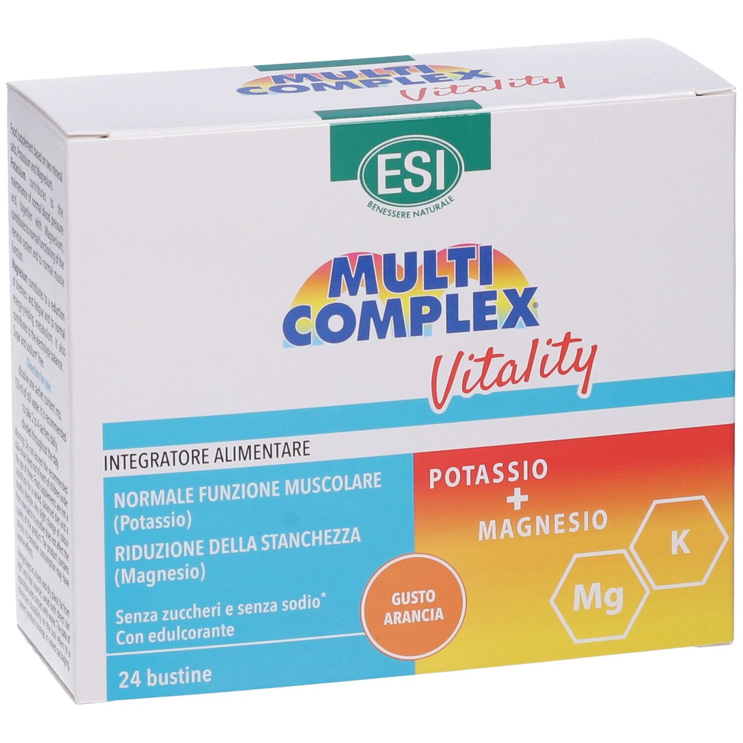 Scatola Esi Multi Complex Vitality. Scatola bianca con nome e logo del prodotto. Contiene 24 bustine.
