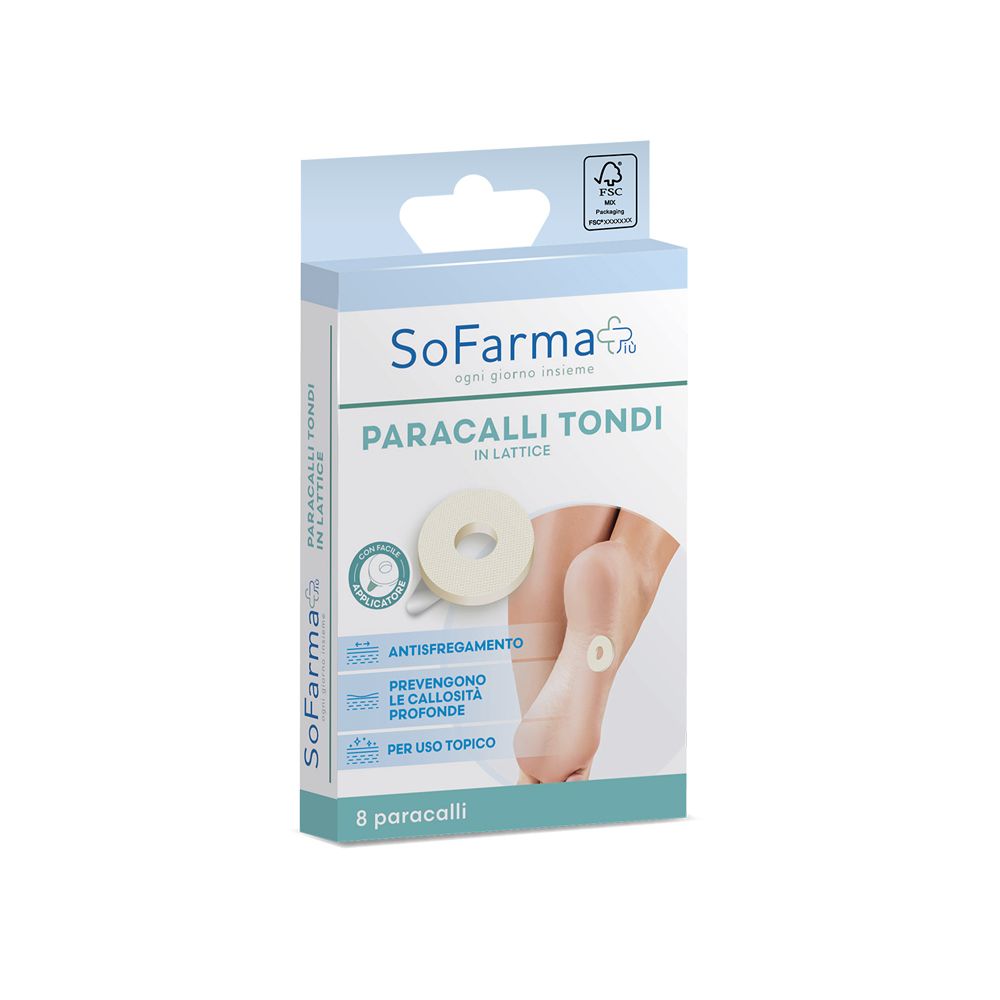 Verpackung von Paracalli Tondi in Lattice. Marke SoFarma. 8 Stück. FSC-Zertifizierung. Abbildung eines Fußes mit Pflaster.