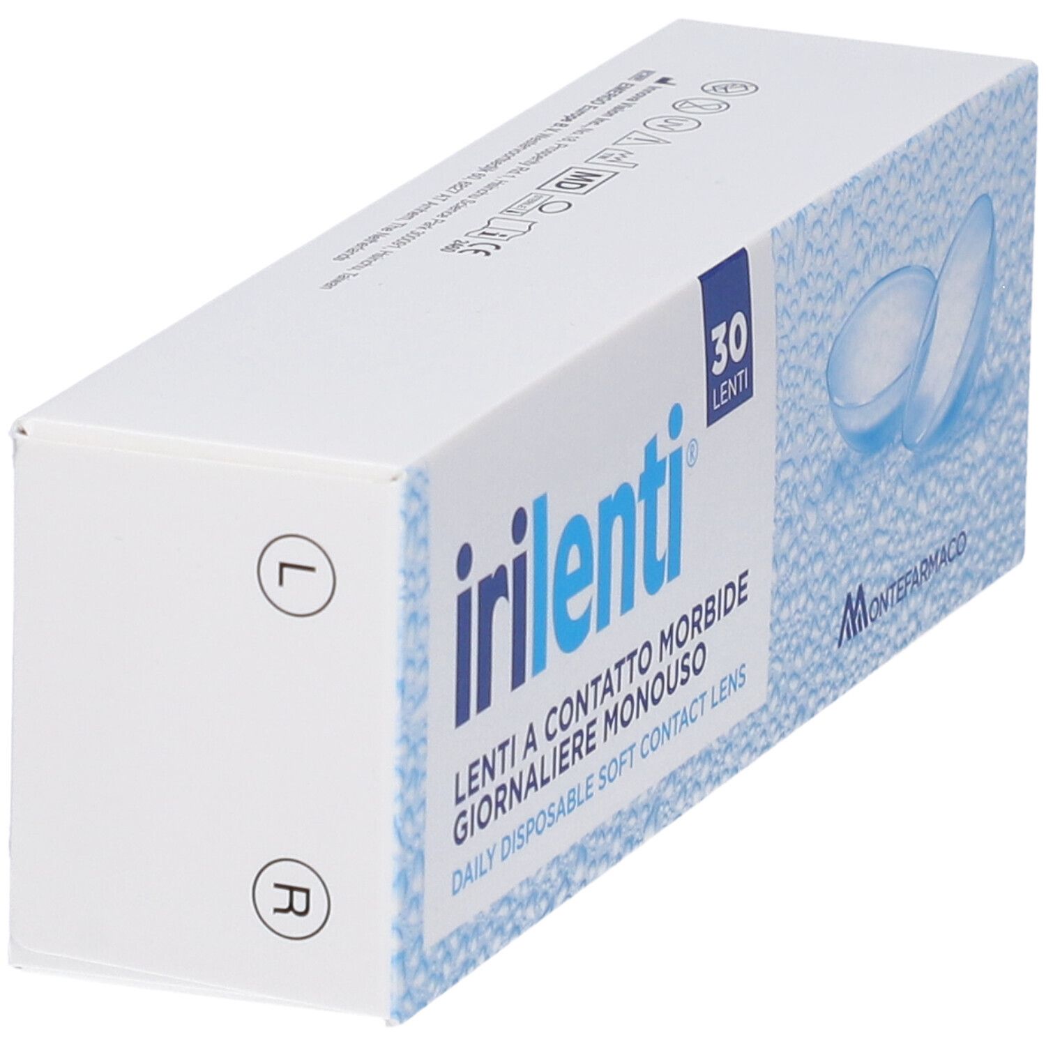 Schachtel mit "irilenti"-Logo und Text. Enthält 30 Linsen. Auf der Seite: Markierung für linkes und rechtes Auge.