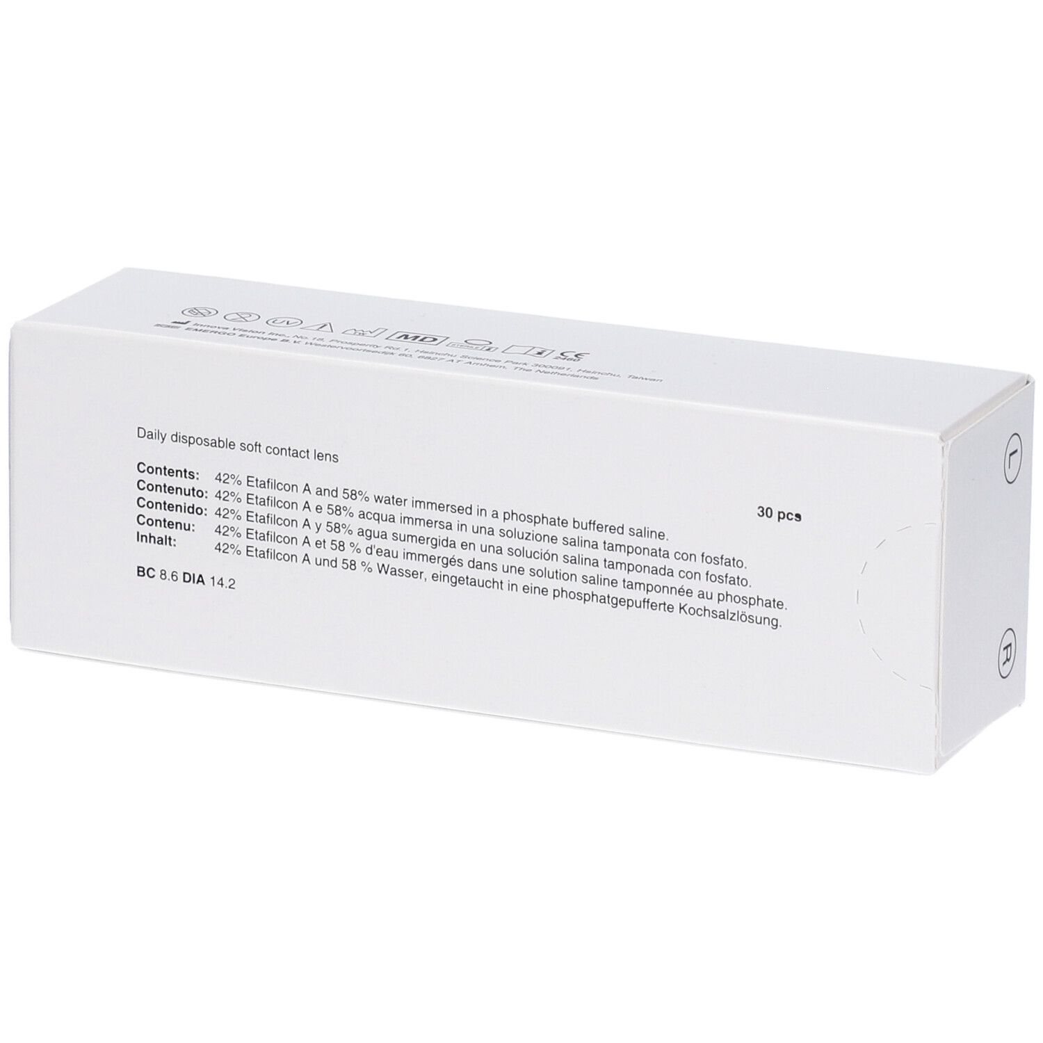 Weiße Schachtel mit Text in mehreren Sprachen. Enthält 30 Kontaktlinsen. Angaben zu Inhaltsstoffen und Größe.