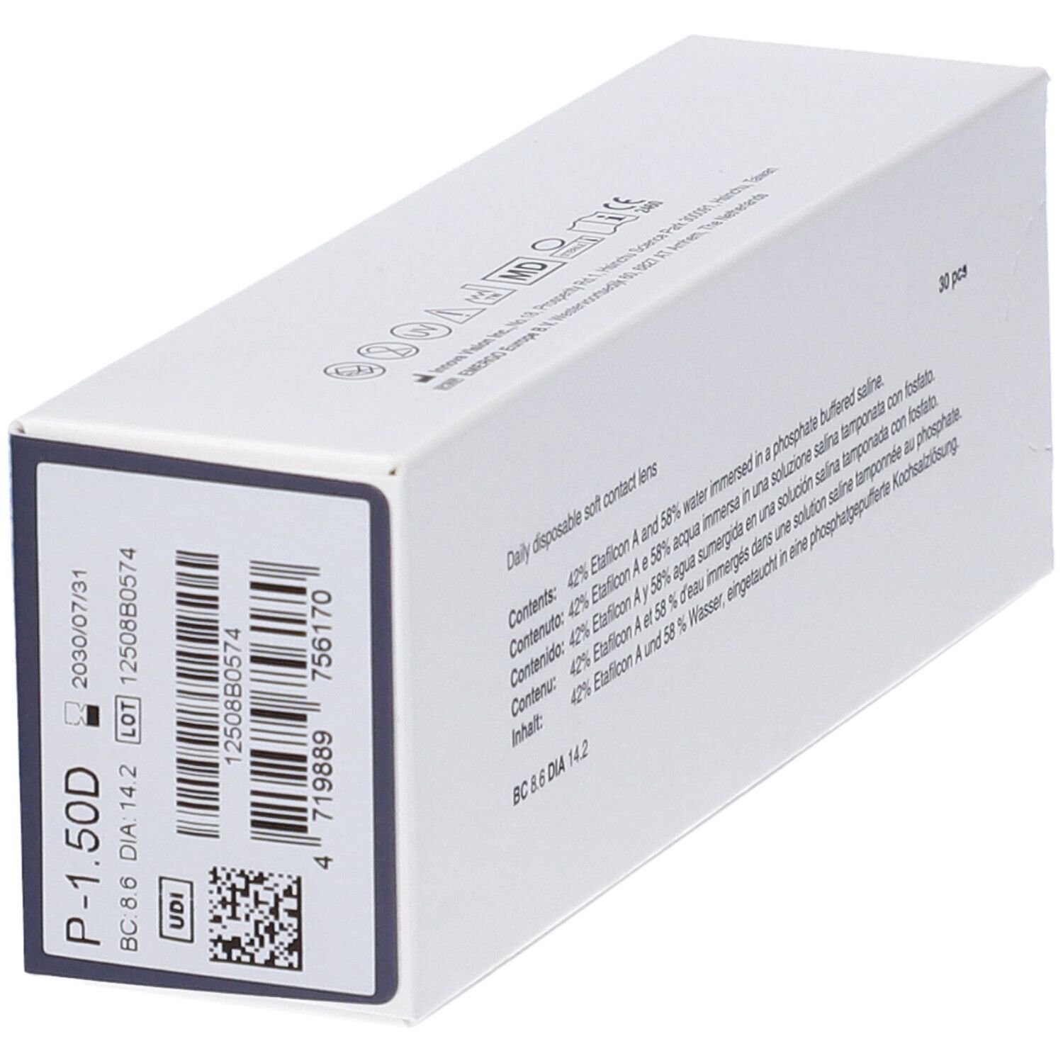 Schachtel mit Produktinformationen und Barcode. Enthält 30 Kontaktlinsen. Aufdruck: P-1.50D, BC 8.6 DIA 14.2.