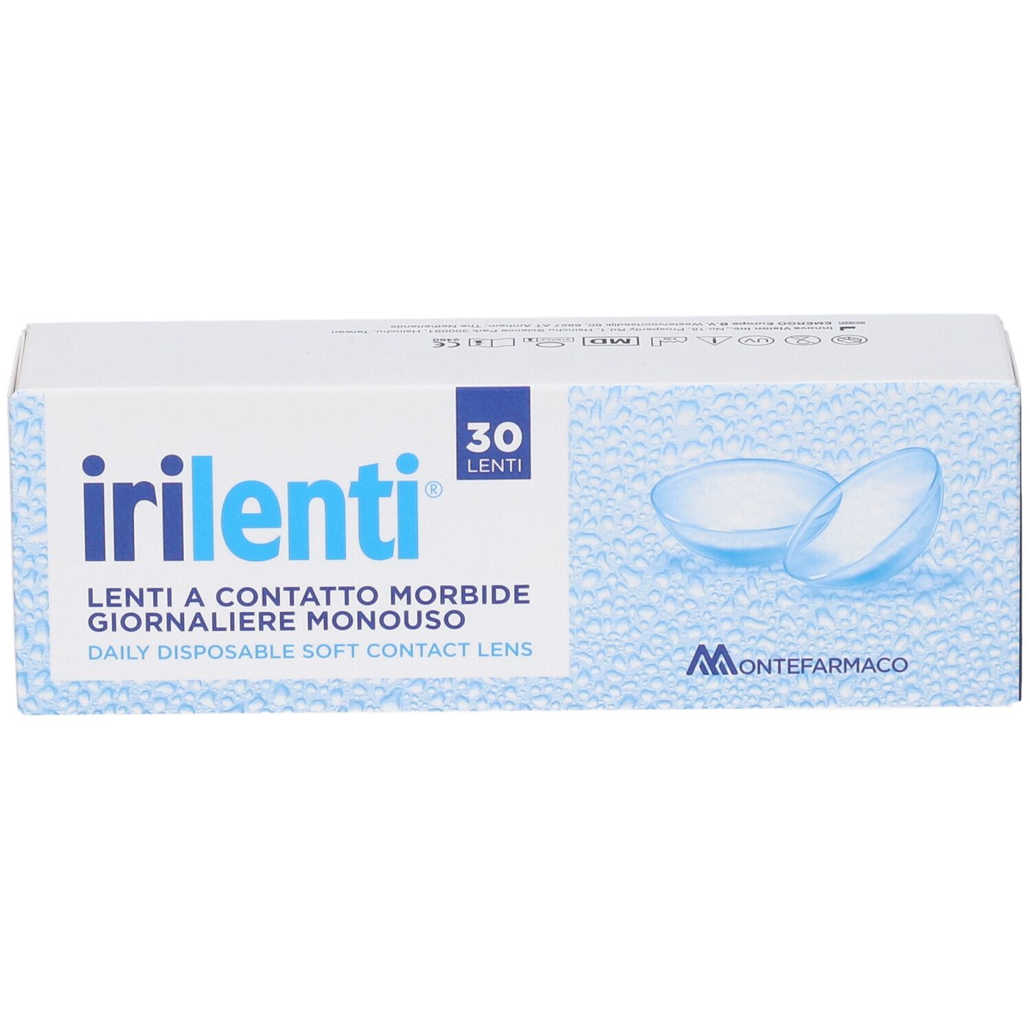 Weiße Schachtel mit blauer Aufschrift "irilenti" und Kontaktlinsen-Abbildung. Enthält 30 Linsen. Marke: Montefarmaco.