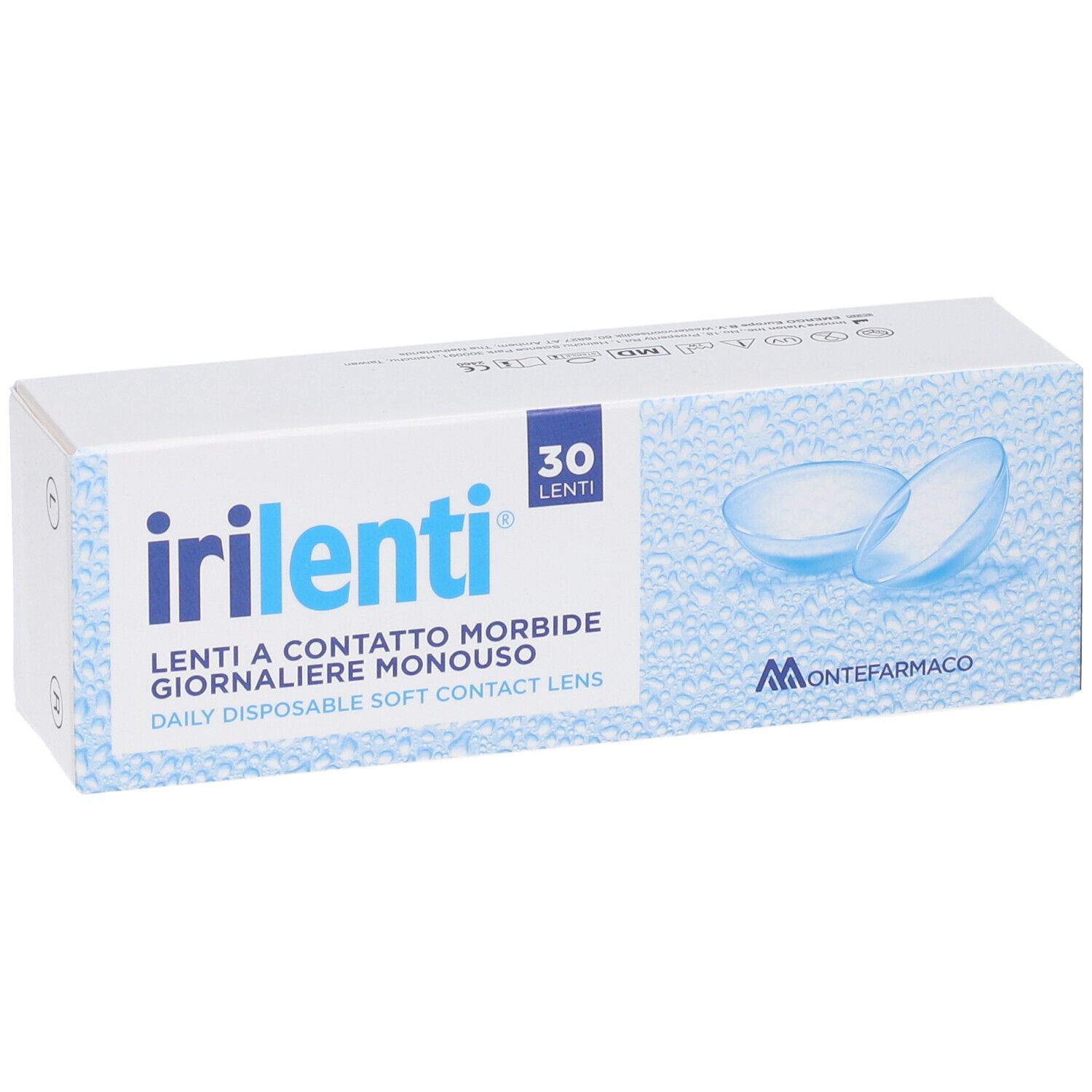 Weiße Schachtel mit blauer Aufschrift "irilenti" und Kontaktlinsen-Abbildung. Enthält 30 Linsen. Marke: Montefarmaco.
