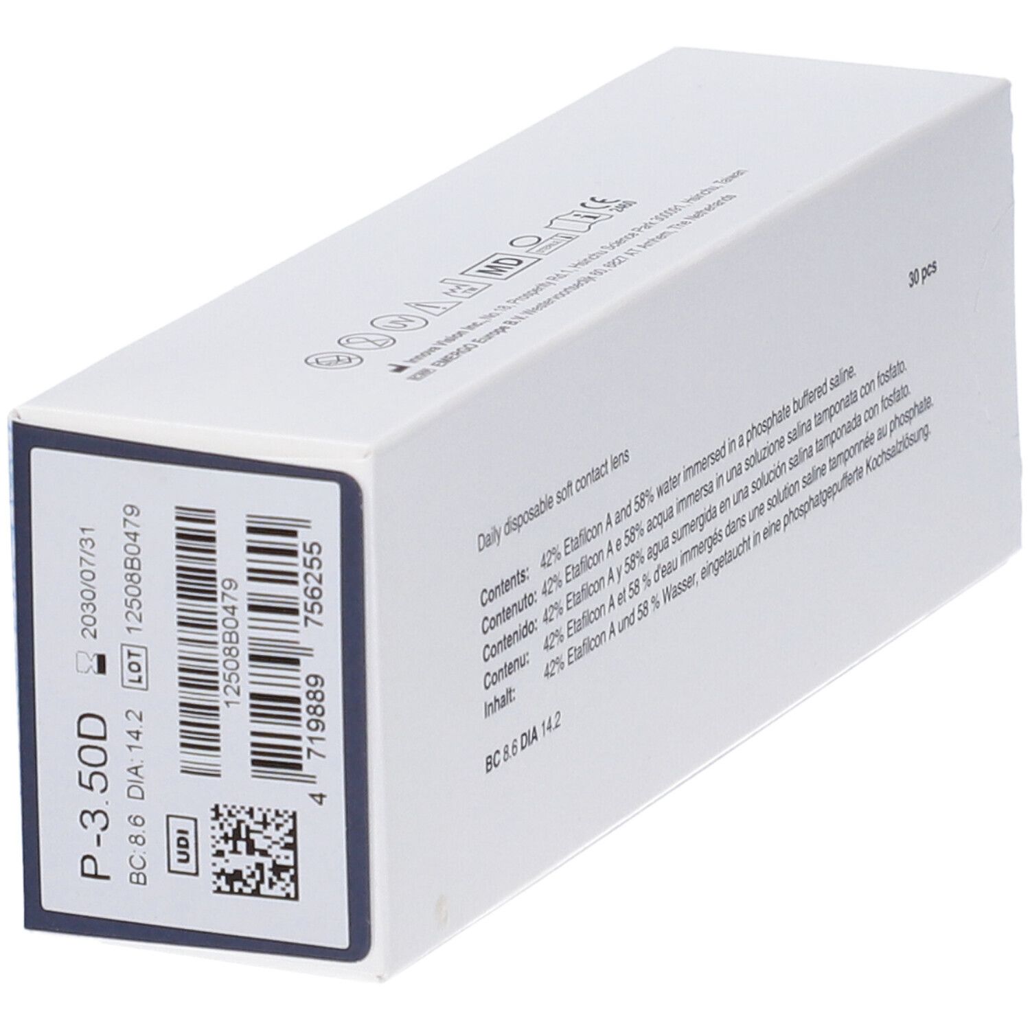 Verpackung für weiche Einweg-Kontaktlinsen, P-3.50D, BC 8.6 DIA 14.2, 30 Stück.