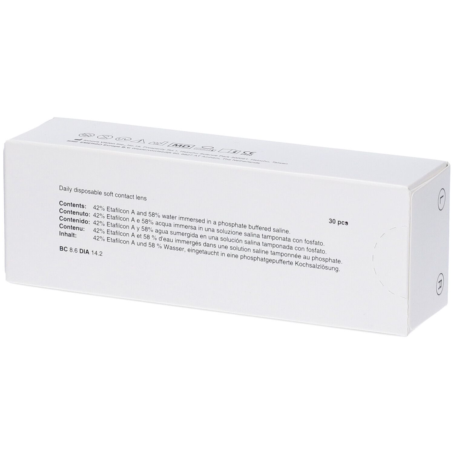 Weiße Schachtel, Rückseite. Text: Daily disposable soft contact lens. Inhalt: 42% Etfilcon A und 58% Wasser. 30 Stück.