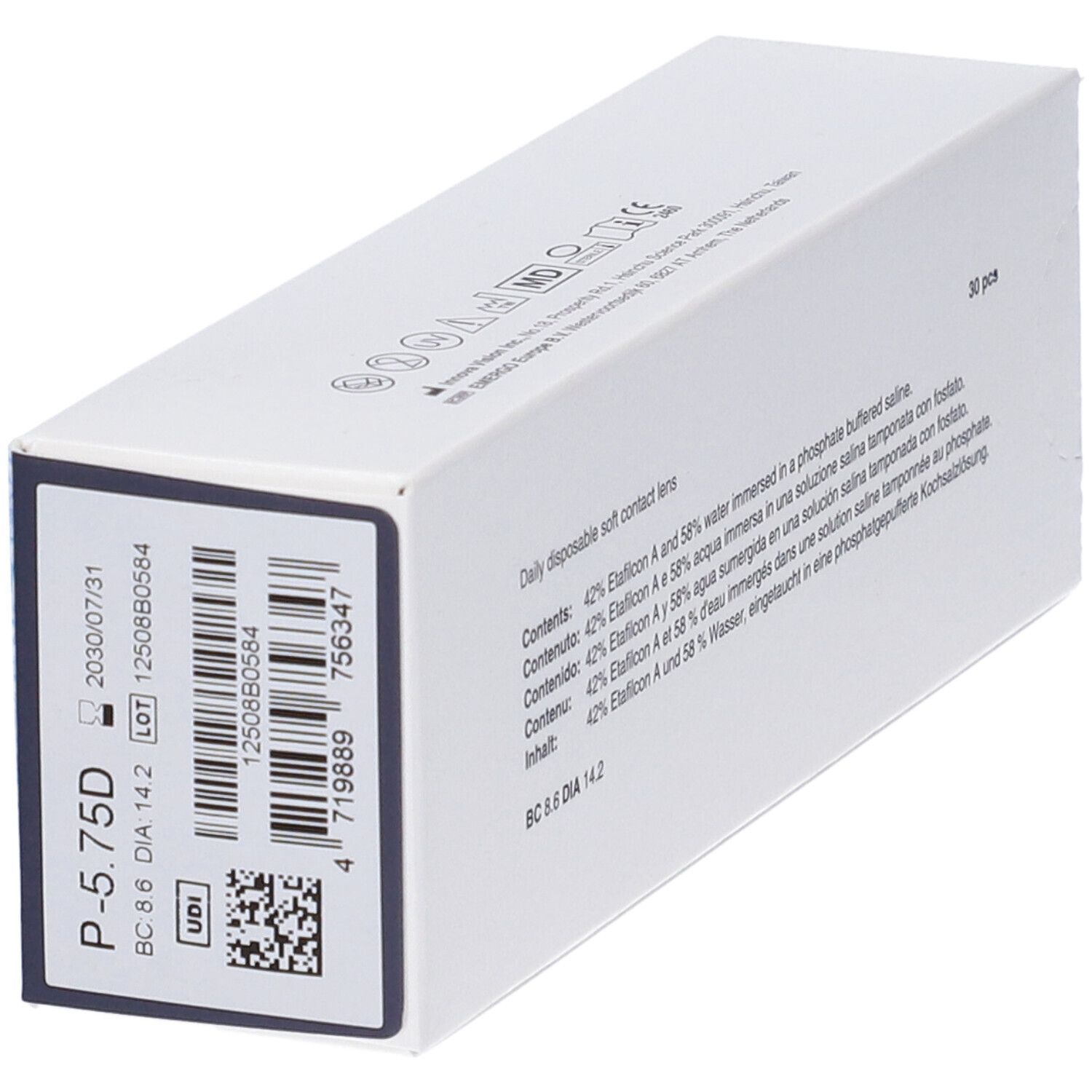 Weiße Schachtel, Ecke. Aufdruck: P-5.75D, BC 8.6, DIA 14.2, UDI, Chargennummer, Verfallsdatum. Barcode.