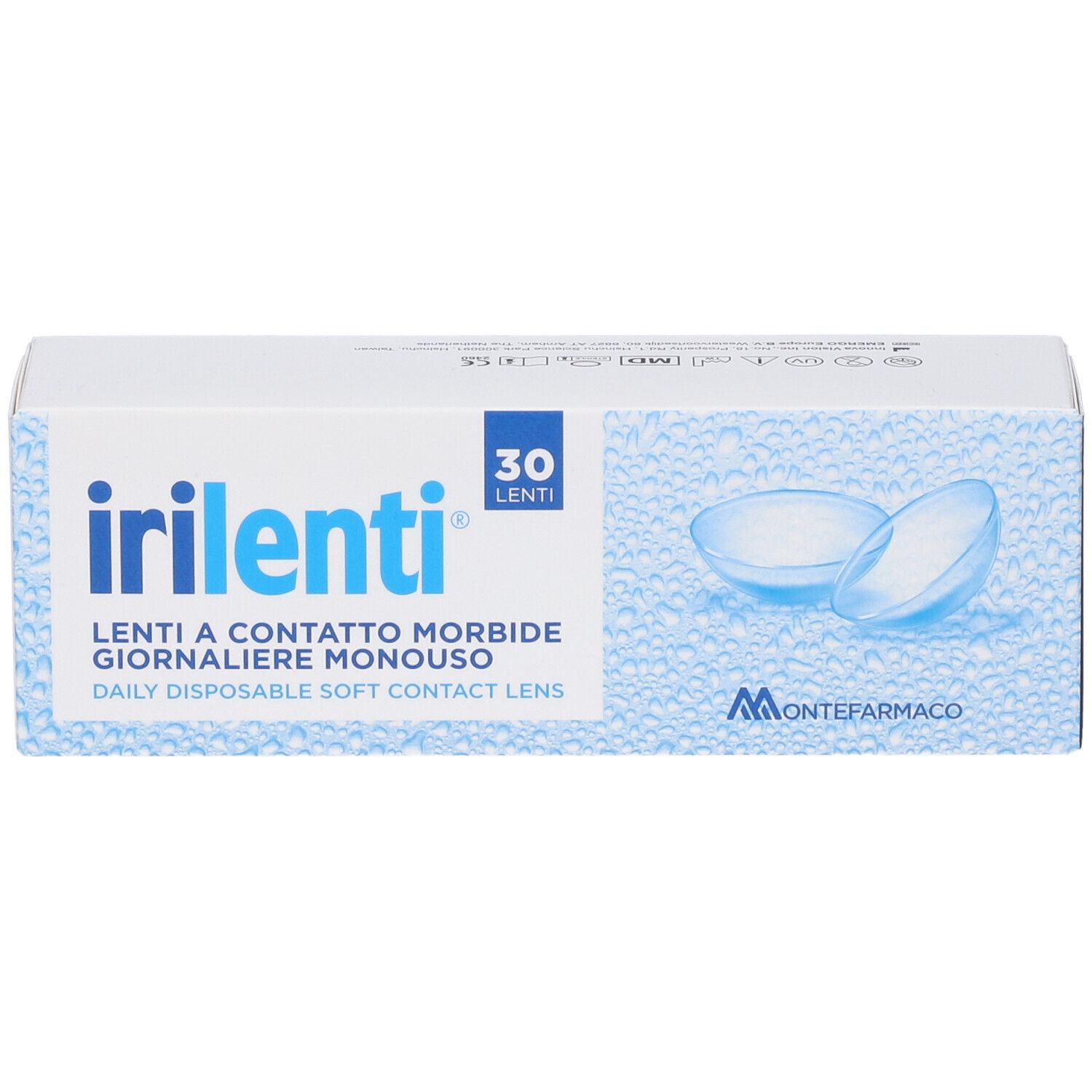 Weiße Schachtel mit blauer Schrift. Aufschrift: irilenti, Lenti a Contatto Giornaliere Monouso, 30 Lenti. Abbildung von Kontaktlinsen.