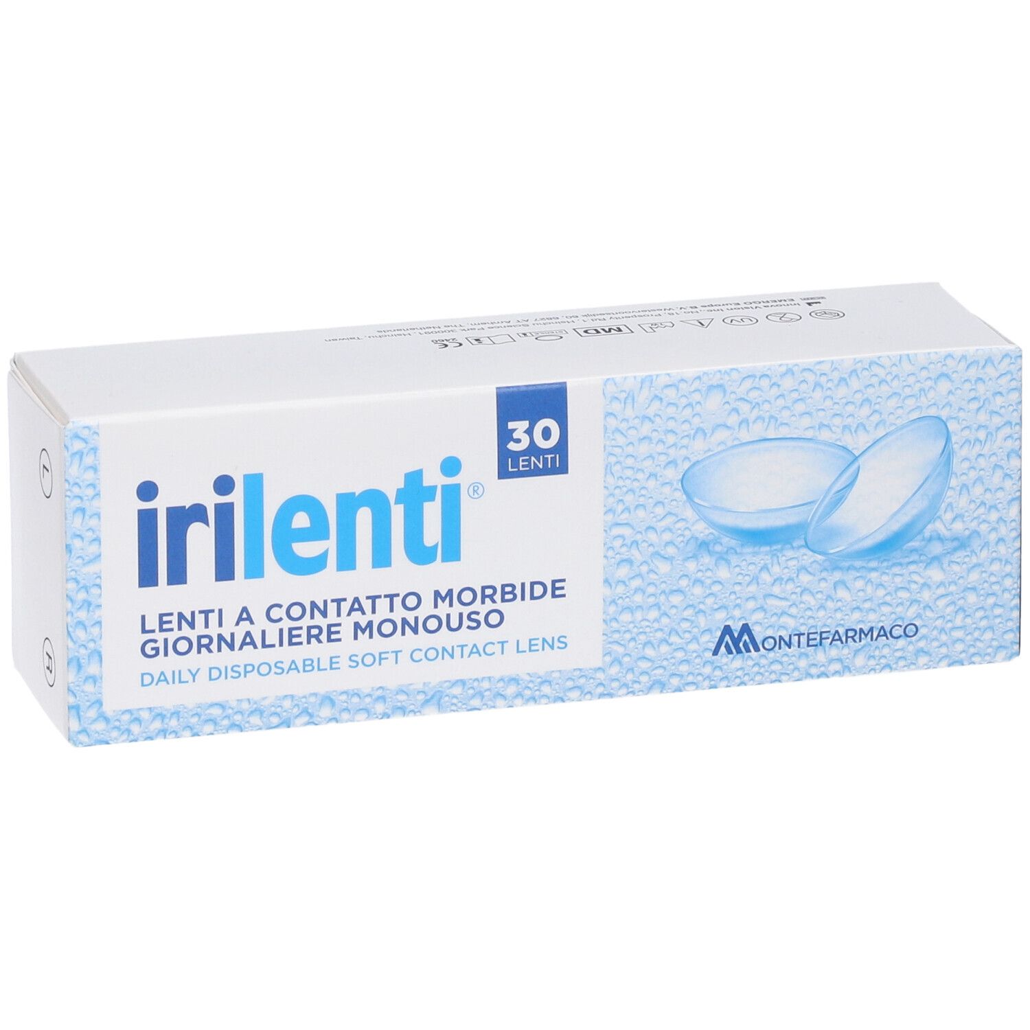 Weiße Schachtel mit blauer Schrift. Aufschrift: irilenti, Lenti a Contatto Giornaliere Monouso, 30 Lenti. Abbildung von Kontaktlinsen.