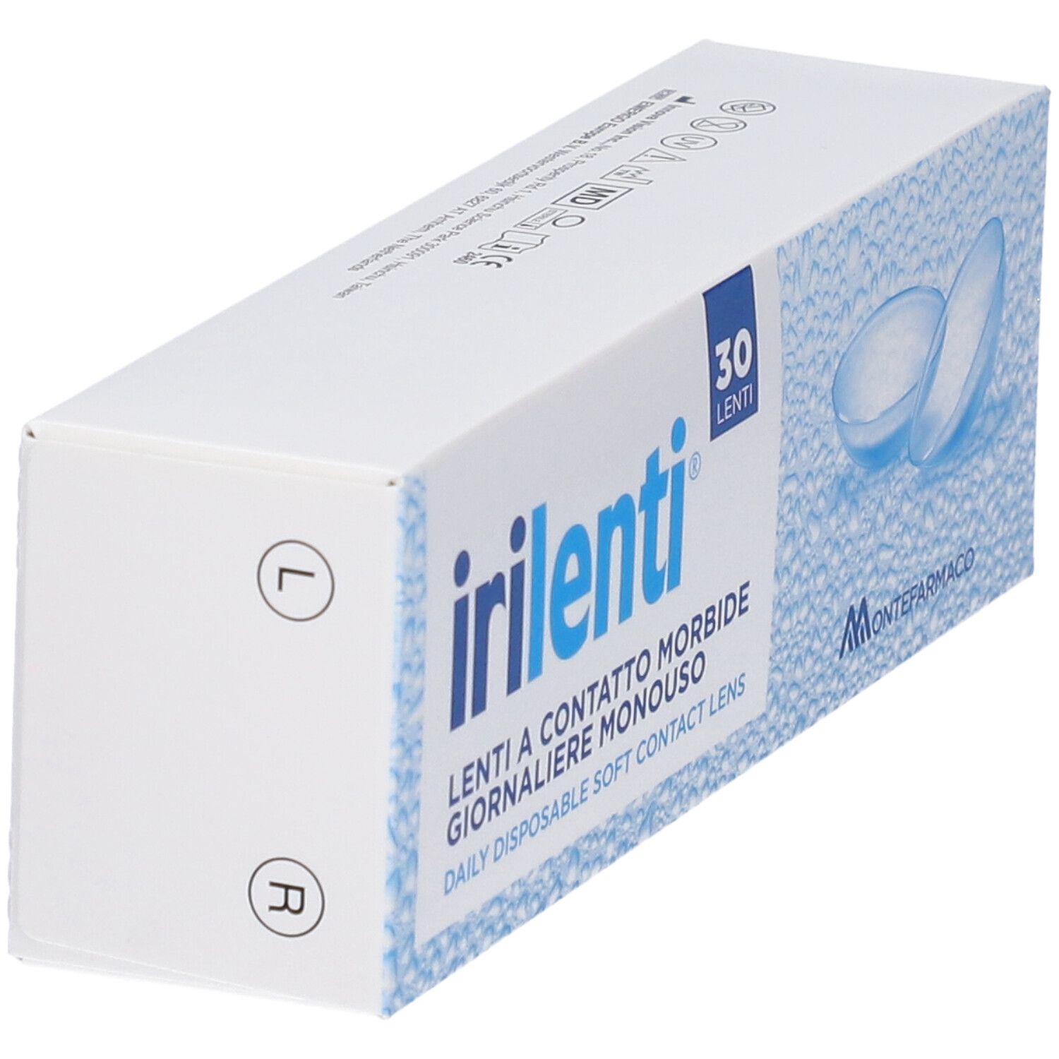 Packung mit 30 Irilenti Tages-Kontaktlinsen. Links (L) und Rechts (R) gekennzeichnet.