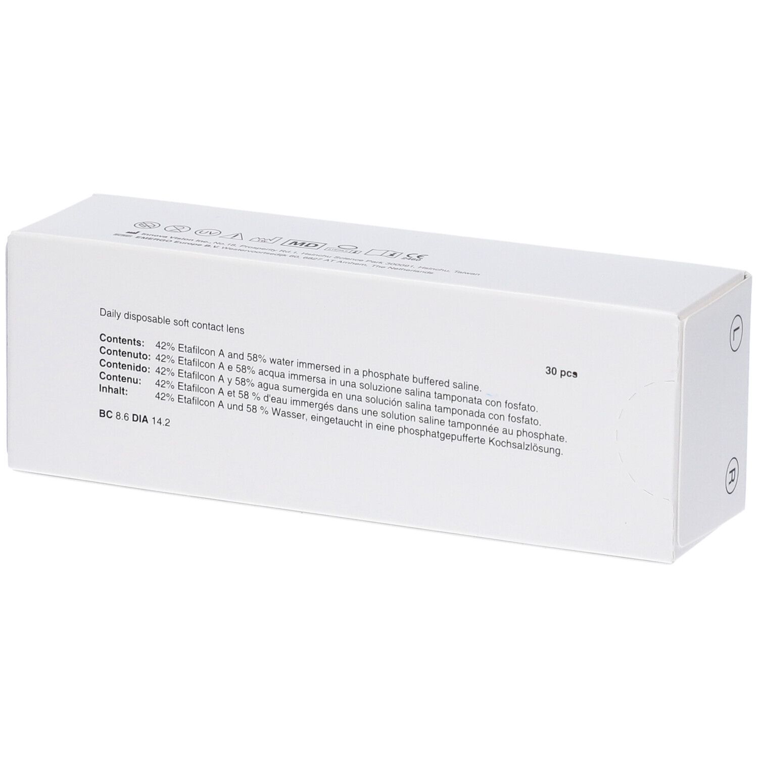 Verpackung für 30 Einweg-Kontaktlinsen, mit Inhaltsangabe und BC/DIA-Werten.