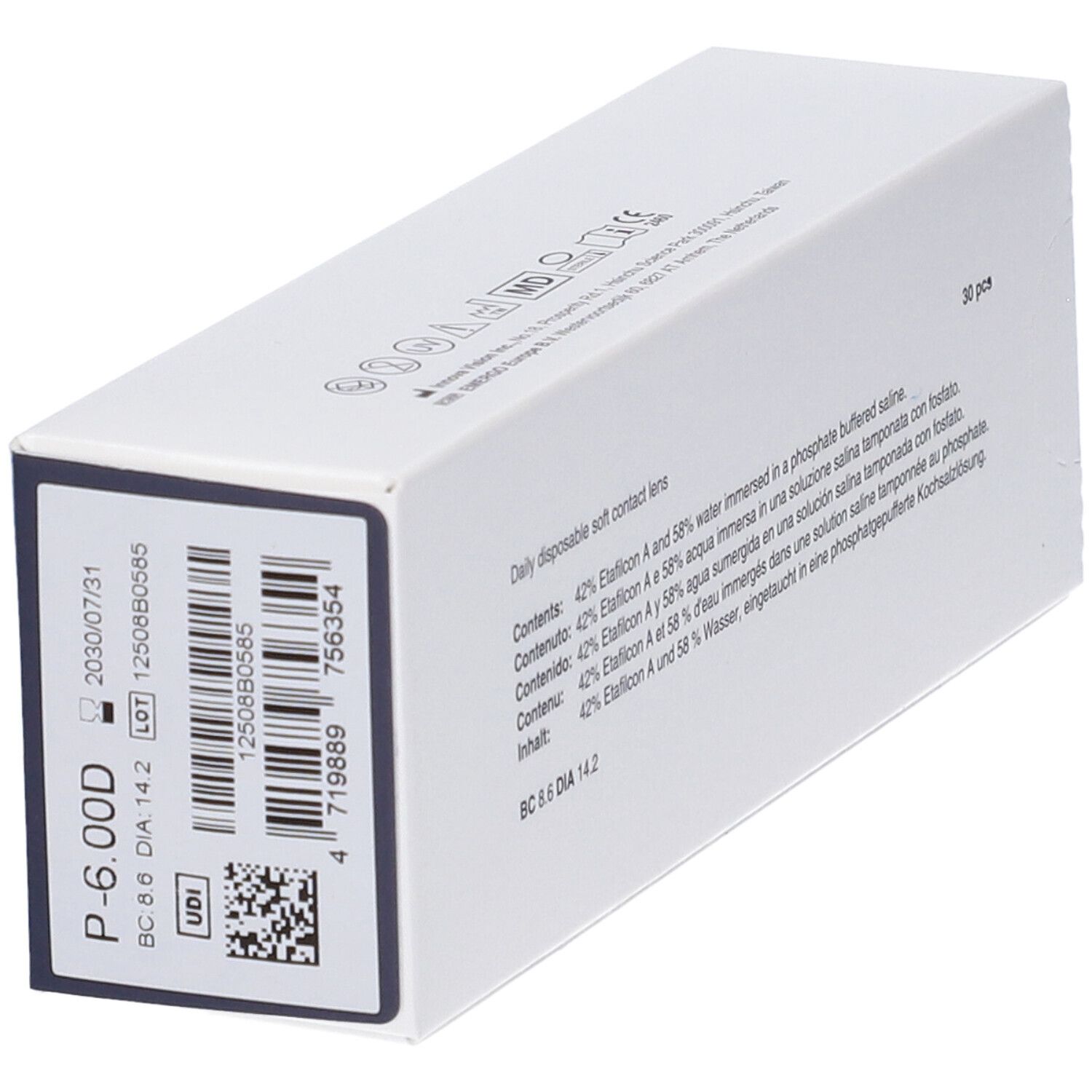 Verpackung für weiche Einweg-Kontaktlinsen, P-6.00D, BC 8.6, DIA 14.2, 30 Stück.