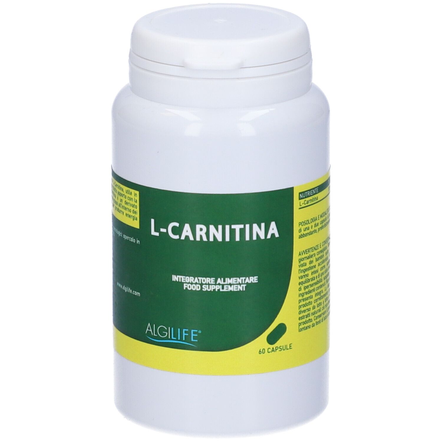 Flacone bianco con etichetta verde. Scritta: L-Carnitina, Integratore Alimentare, Algilife. 60 capsule.
