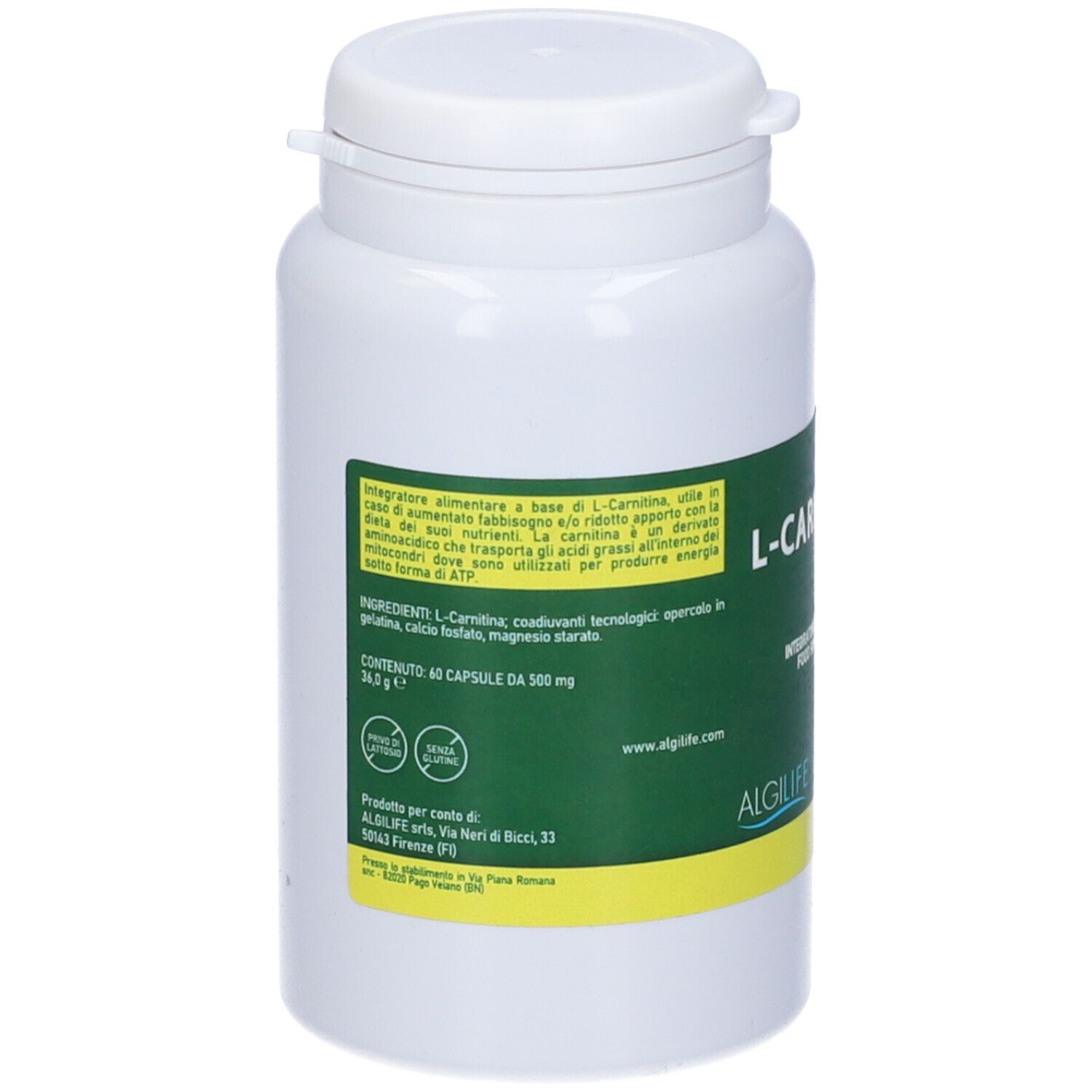 Flacone bianco con etichetta verde. Testo: L-Carnitina, Integratore Alimentare, Algilife. Contiene 60 capsule. Ingredienti.