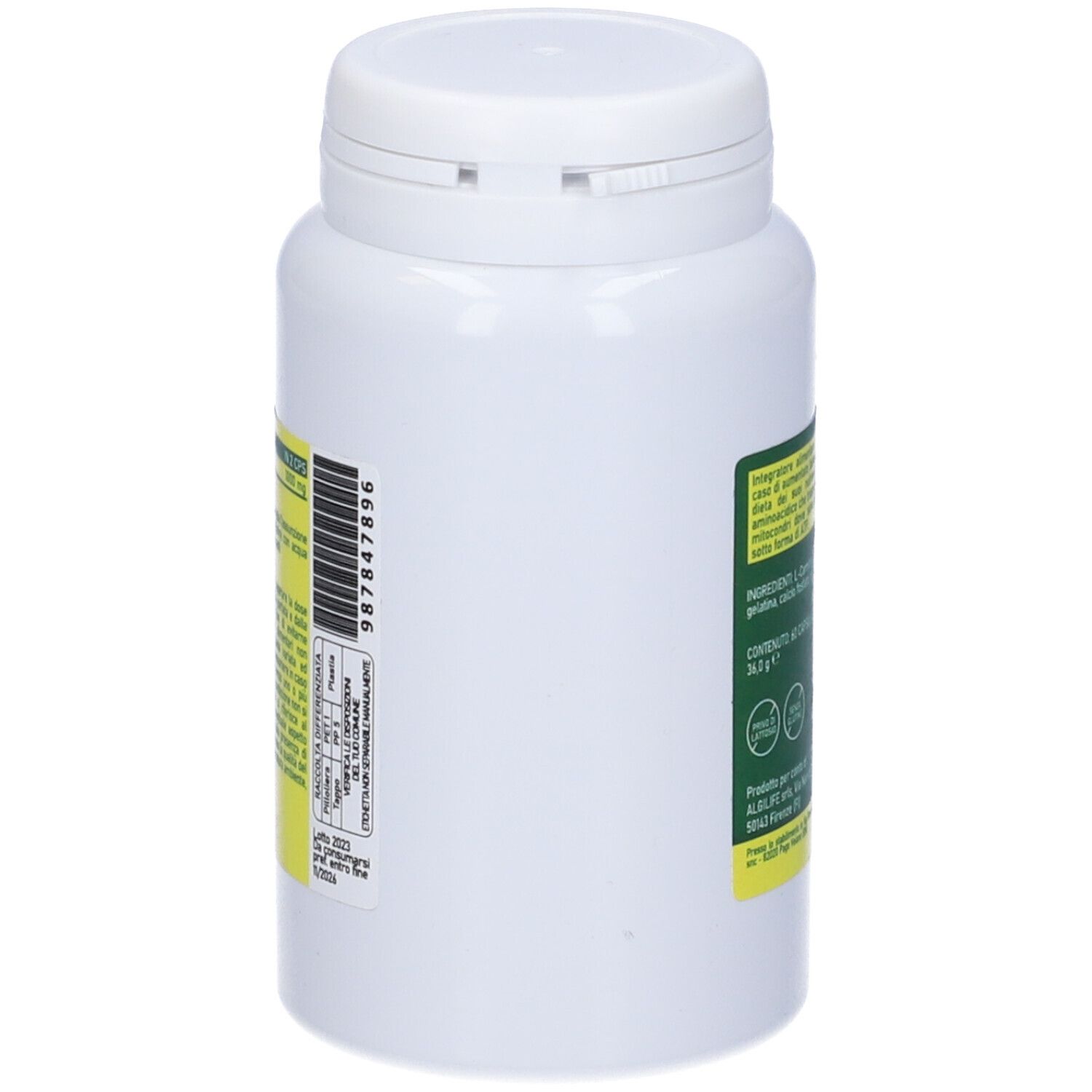 Flacone bianco con etichetta verde e gialla. Scritta: L-Carnitina, Algilife. Retro con testo e codice a barre.