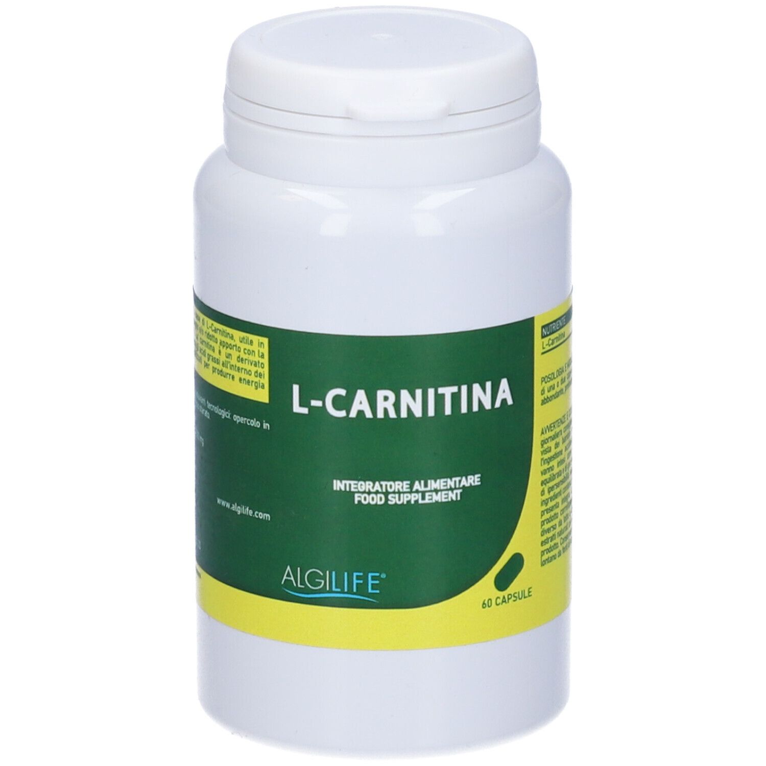 Flacone bianco con etichetta verde. Scritta: L-Carnitina, Integratore Alimentare, Algilife. 60 capsule.