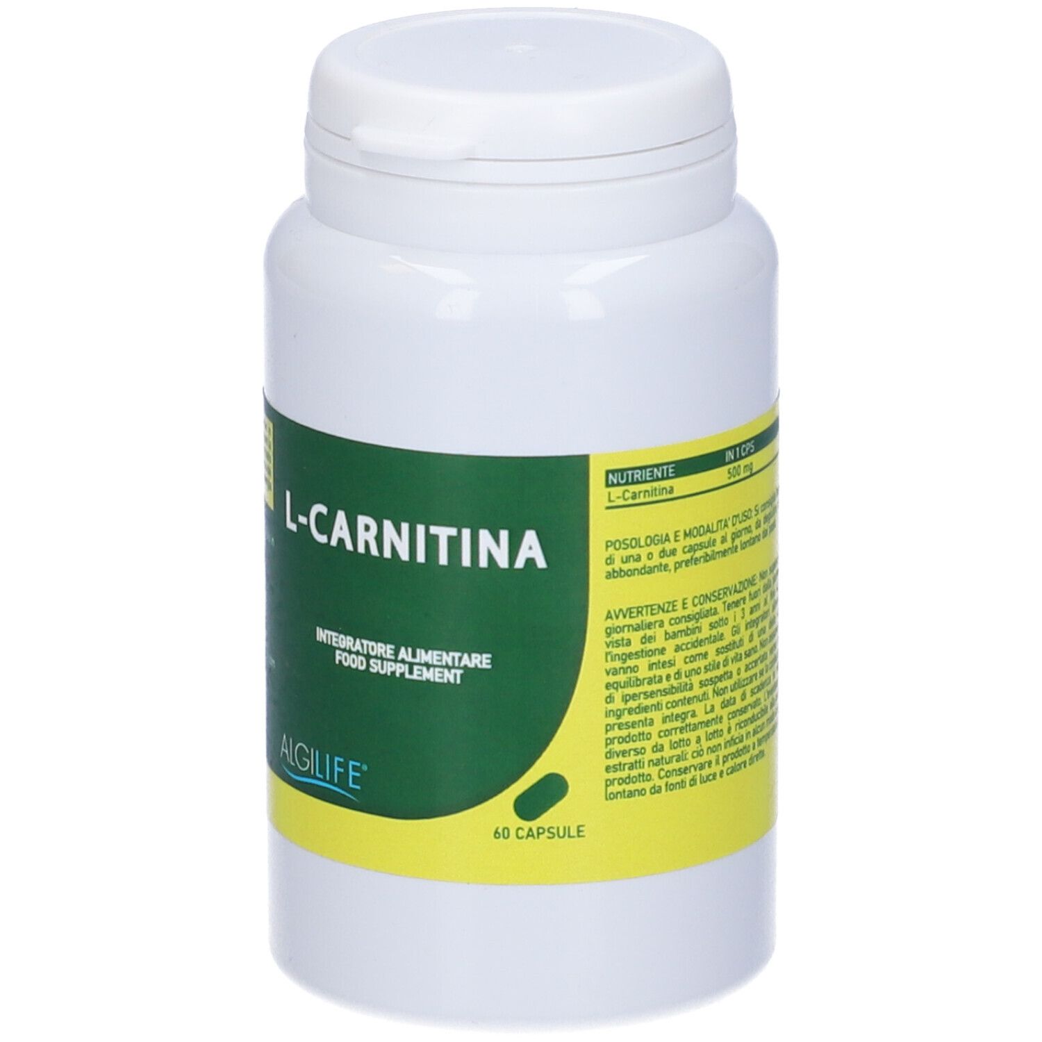 Flacone bianco con etichetta verde. Scritta: L-Carnitina, Integratore Alimentare, Algilife. 60 capsule. Dosaggio.
