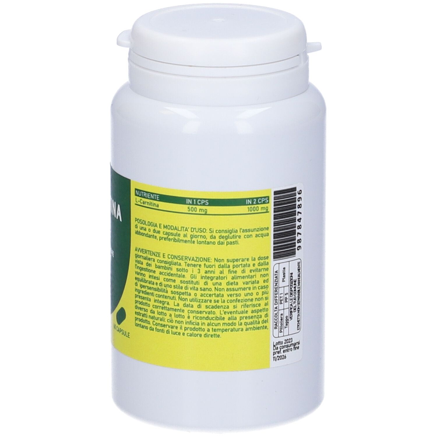 Flacone bianco con etichetta verde. Scritta: L-Carnitina, Algilife. Dosaggio e avvertenze. 60 capsule.