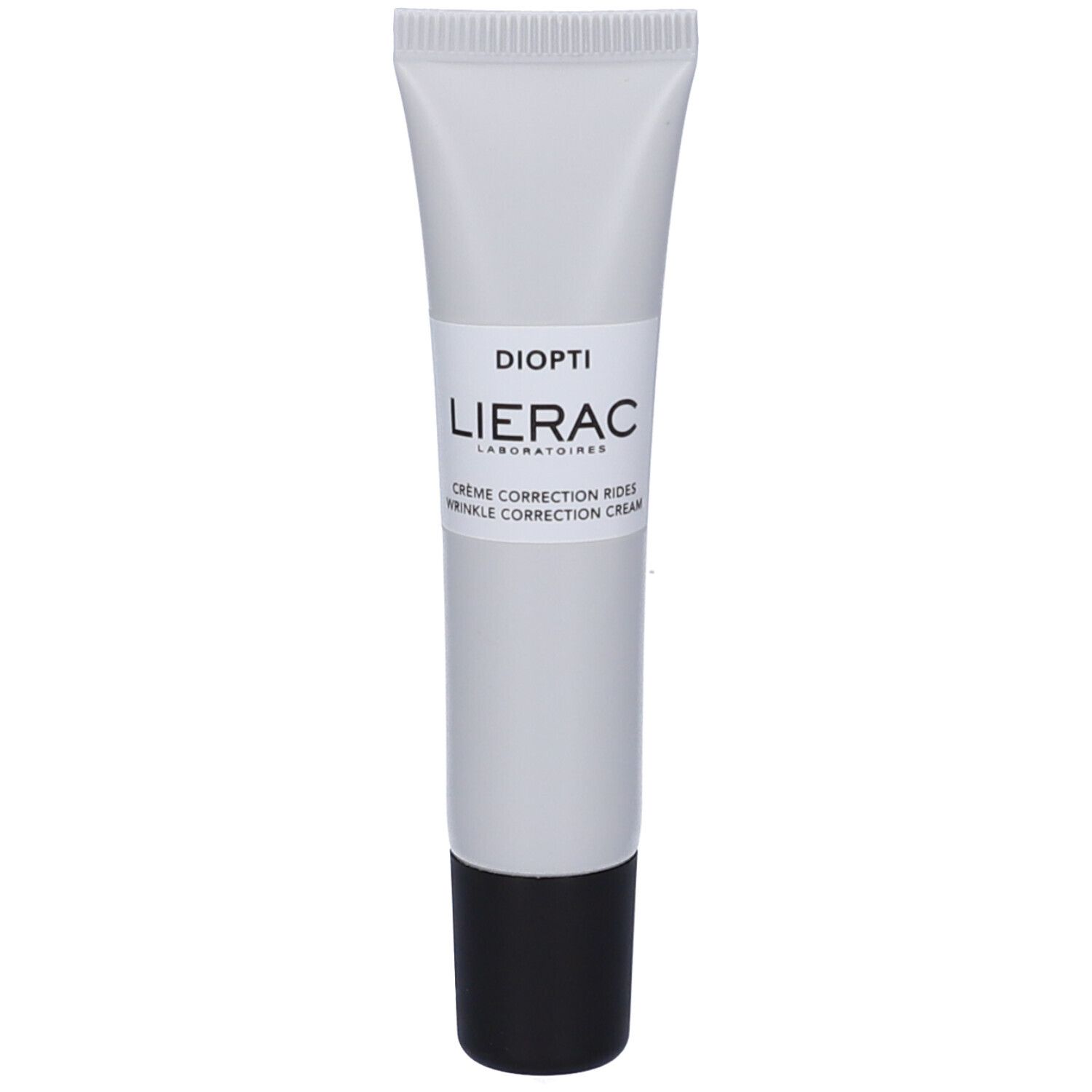 Tubo di crema bianco con tappo nero. Scritta: Diopti, Lierac. Crema antirughe.