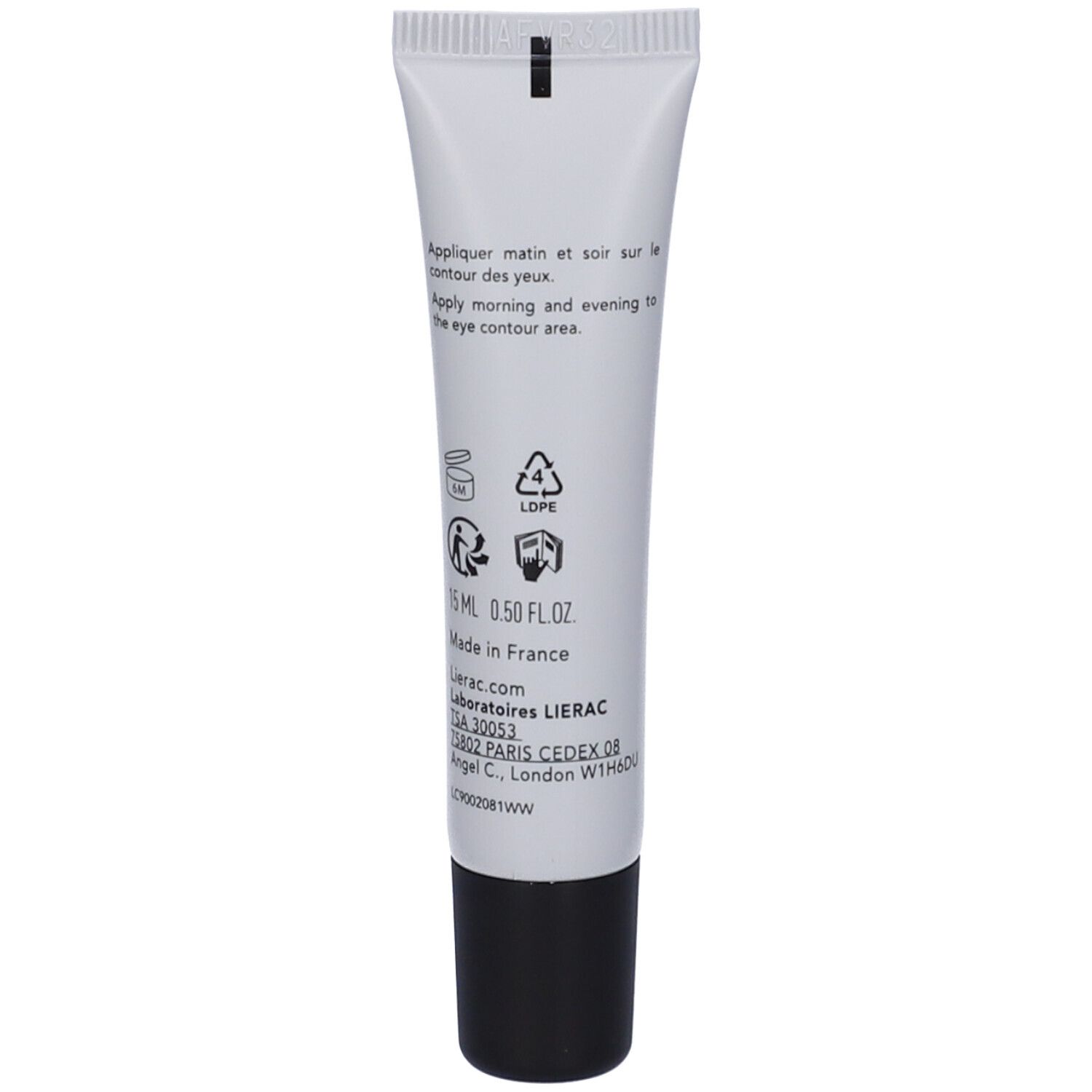 Retro del tubo di crema. Testo: Applicare mattina e sera. 15 ml, 0.50 FL OZ. Fatto in Francia.
