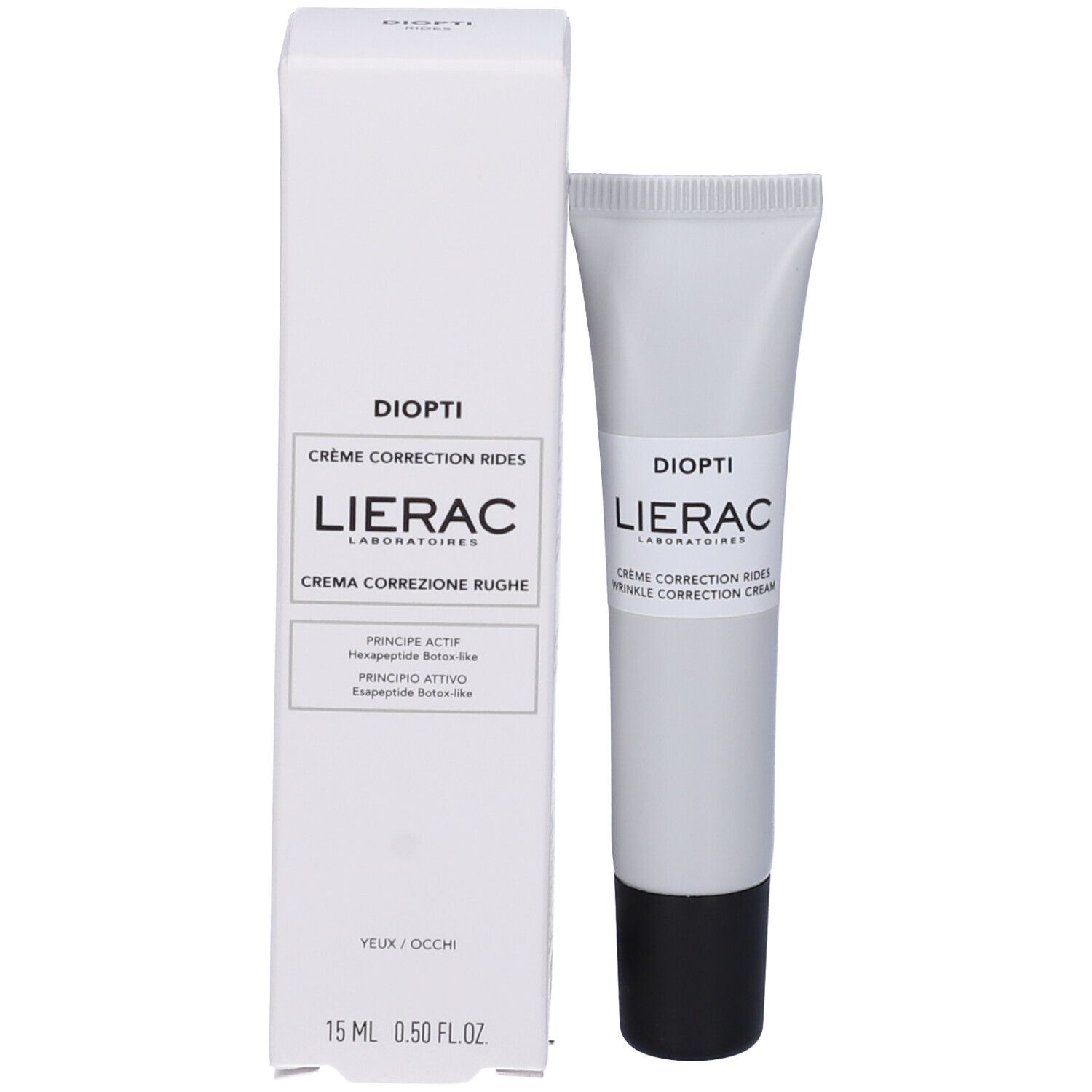 Scatola e tubo. Scatola: Diopti, Lierac. Crema antirughe. Tubo: Diopti, Lierac. 15 ml.