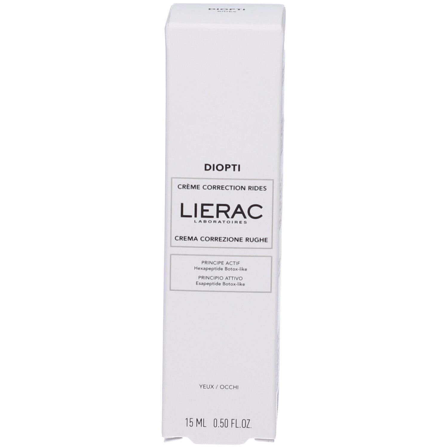 Scatola bianca. Scritta: Diopti, Lierac. Crema antirughe. 15 ml, 0.50 FL OZ.