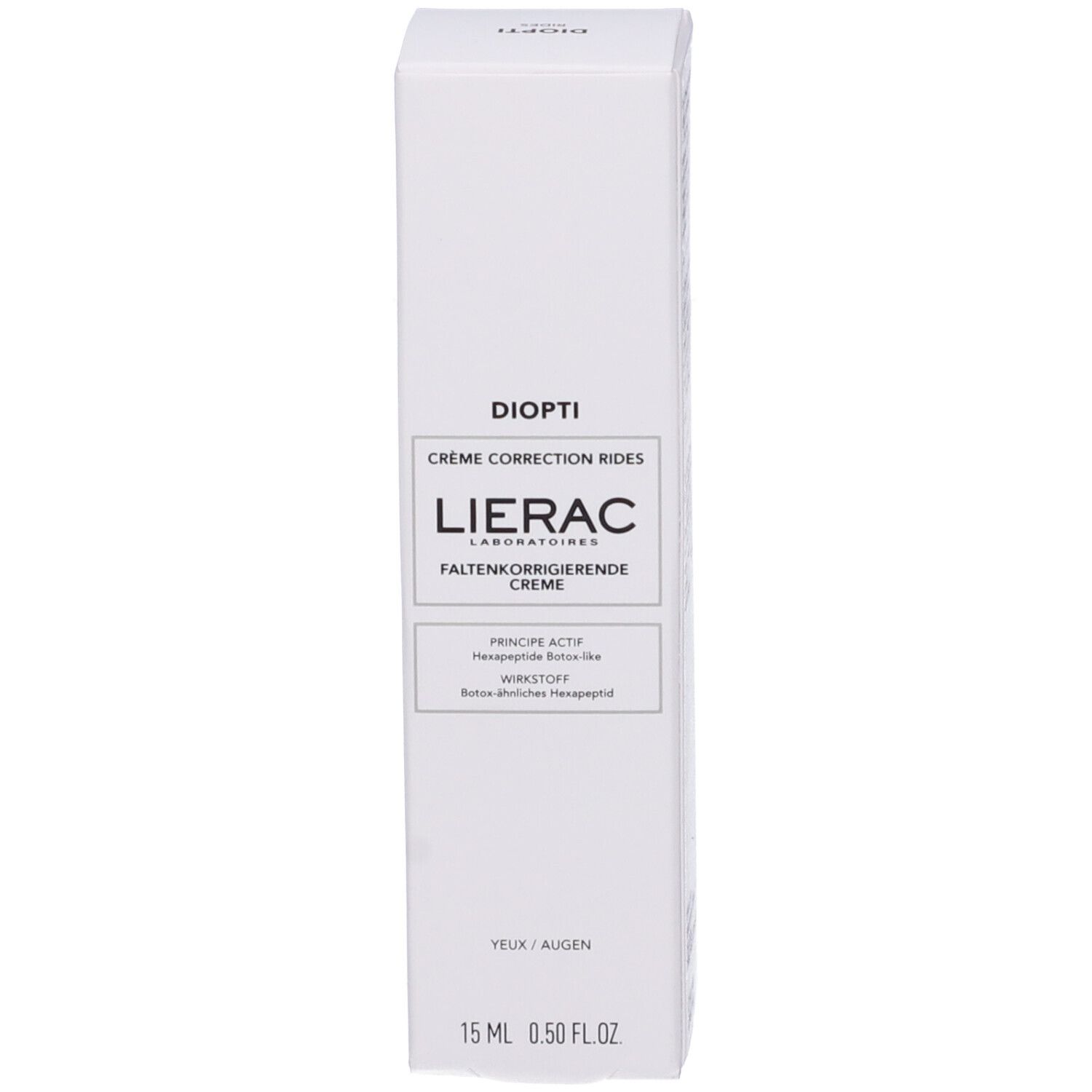 Scatola. Scritta: Diopti, Lierac. Crema correttiva rughe. Principio attivo: Esapeptide.