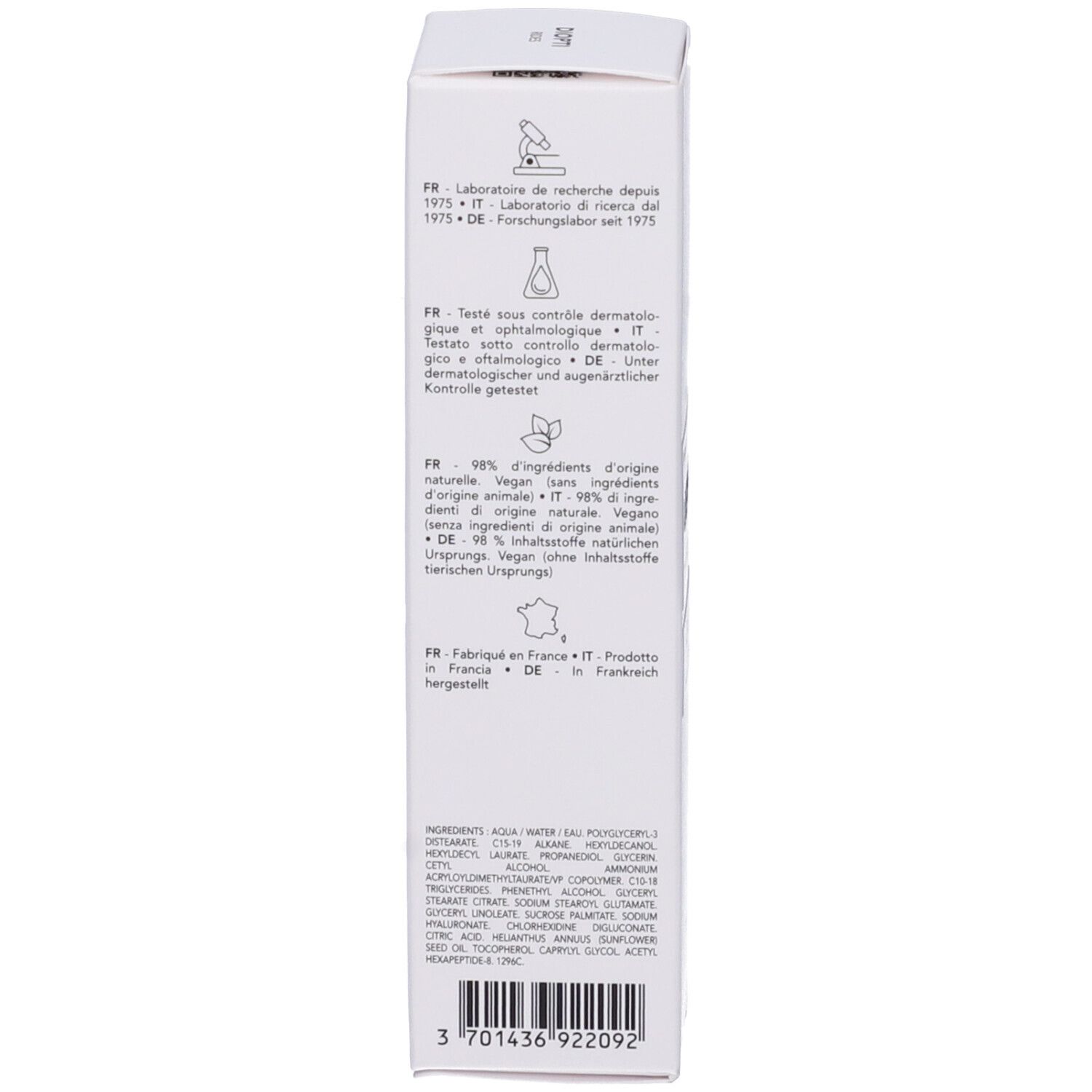 Retro della scatola. Testo: Testato dermatologicamente. 98% ingredienti origine naturale. Fatto in Francia.