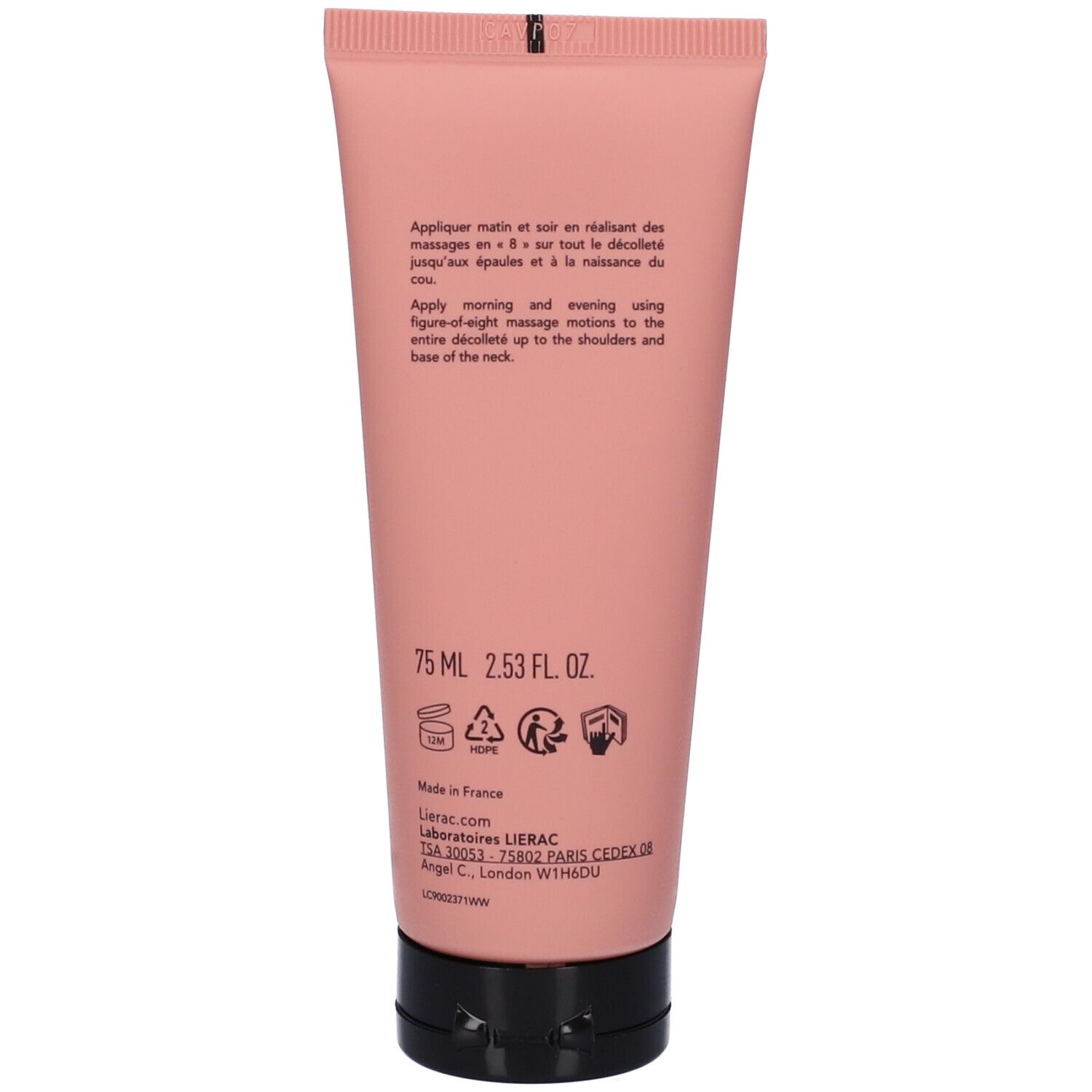 Retro del tubo. Testo: Applicazione, 75 ml, simboli. Informazioni Lierac.