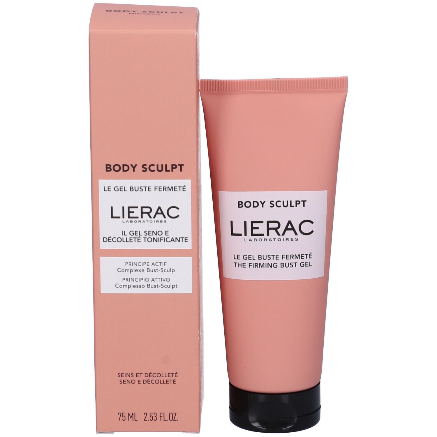 Prodotto e confezione. Tubo e scatola rosa. Scritta: Body Sculpt, Lierac, Le Gel Buste Fermeté, Il Gel Seno.