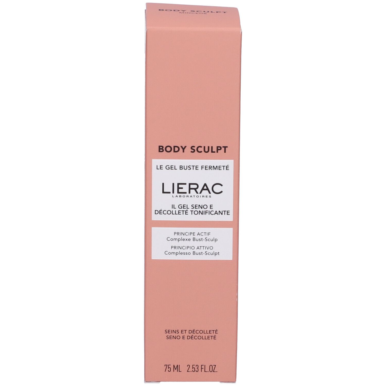Scatola rosa. Scritta: Body Sculpt, Lierac, Le Gel Buste Fermeté, Il Gel Seno e Décolleté Tonificante, 75 ml.
