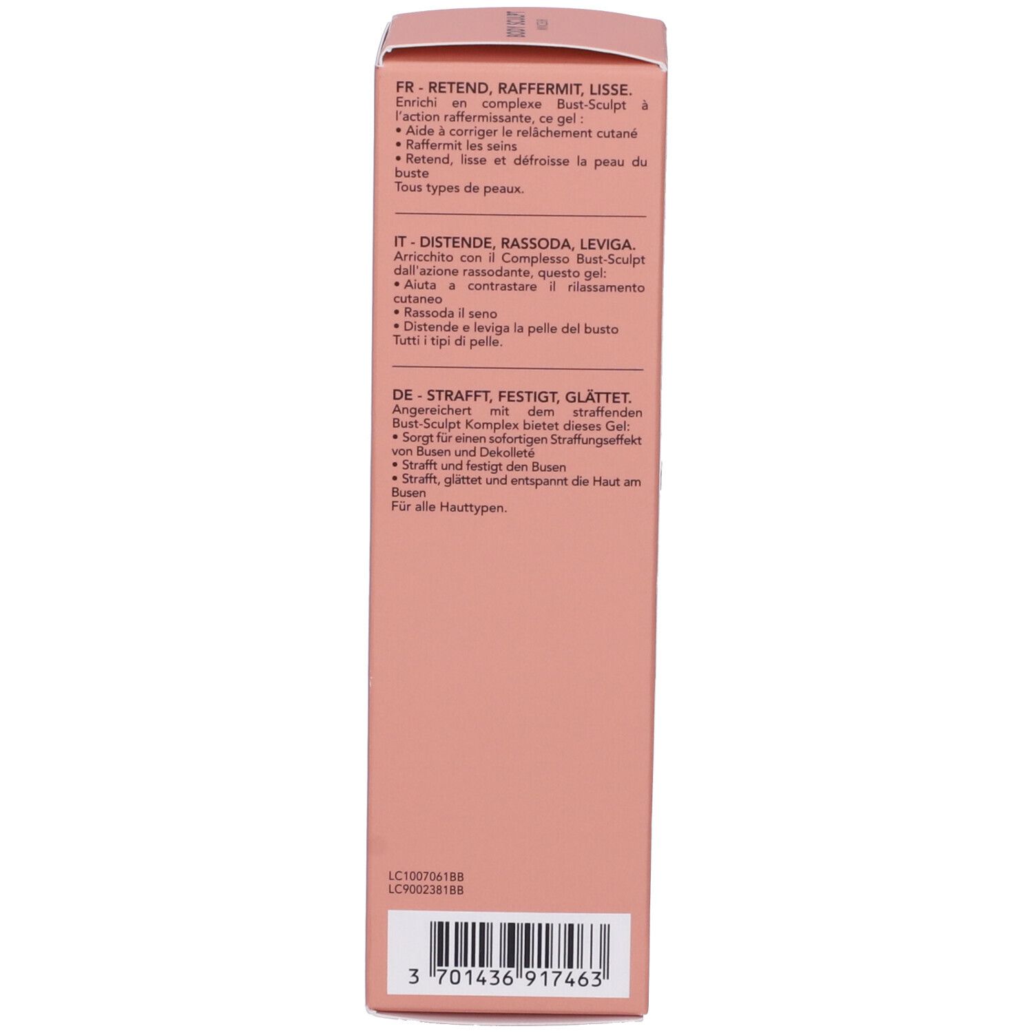 Retro della scatola. Testo multilingue: Applicazione, ingredienti, codice a barre.