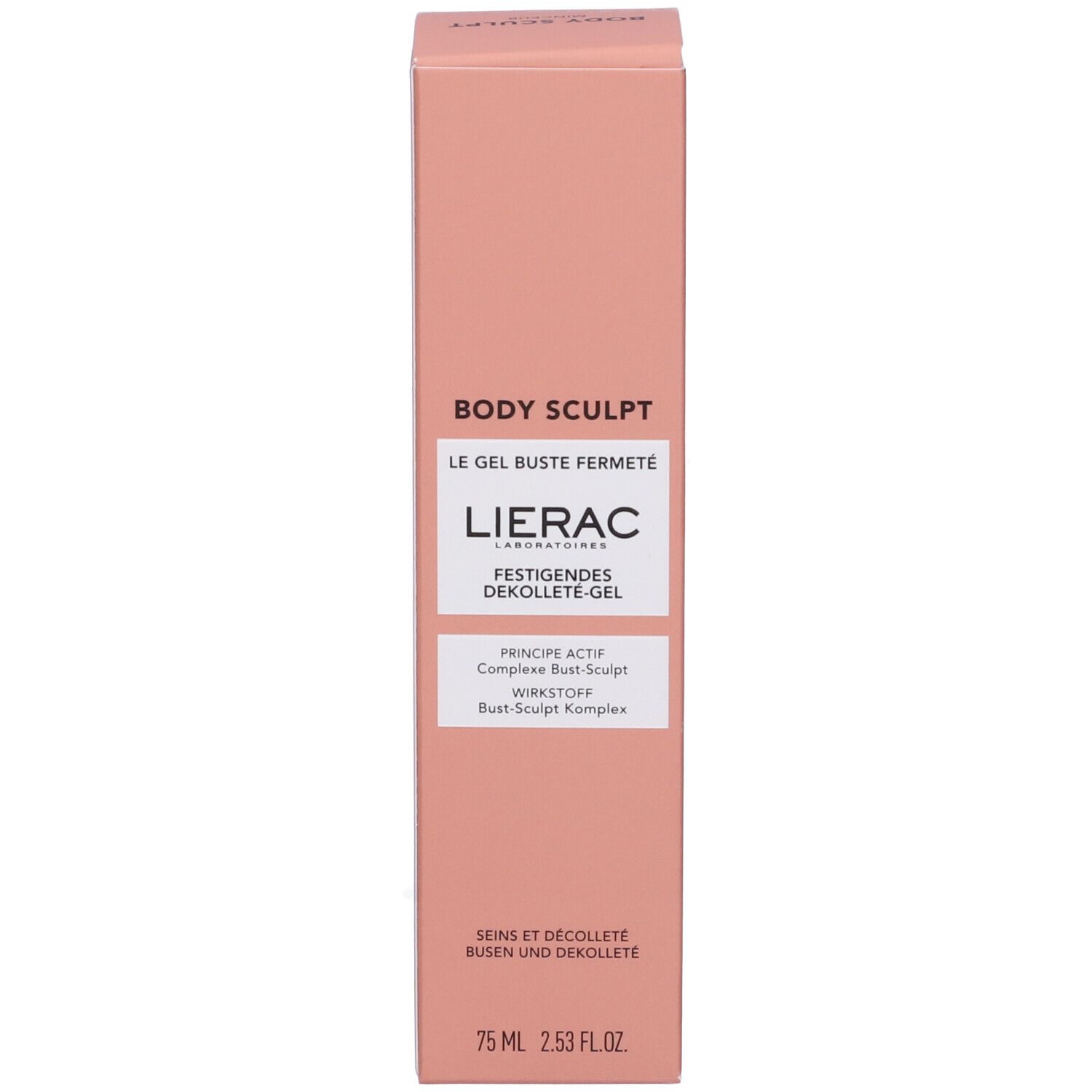 Scatola rosa. Scritta: Body Sculpt, Lierac, Festigendes Dekolleté-Gel, 75 ml.