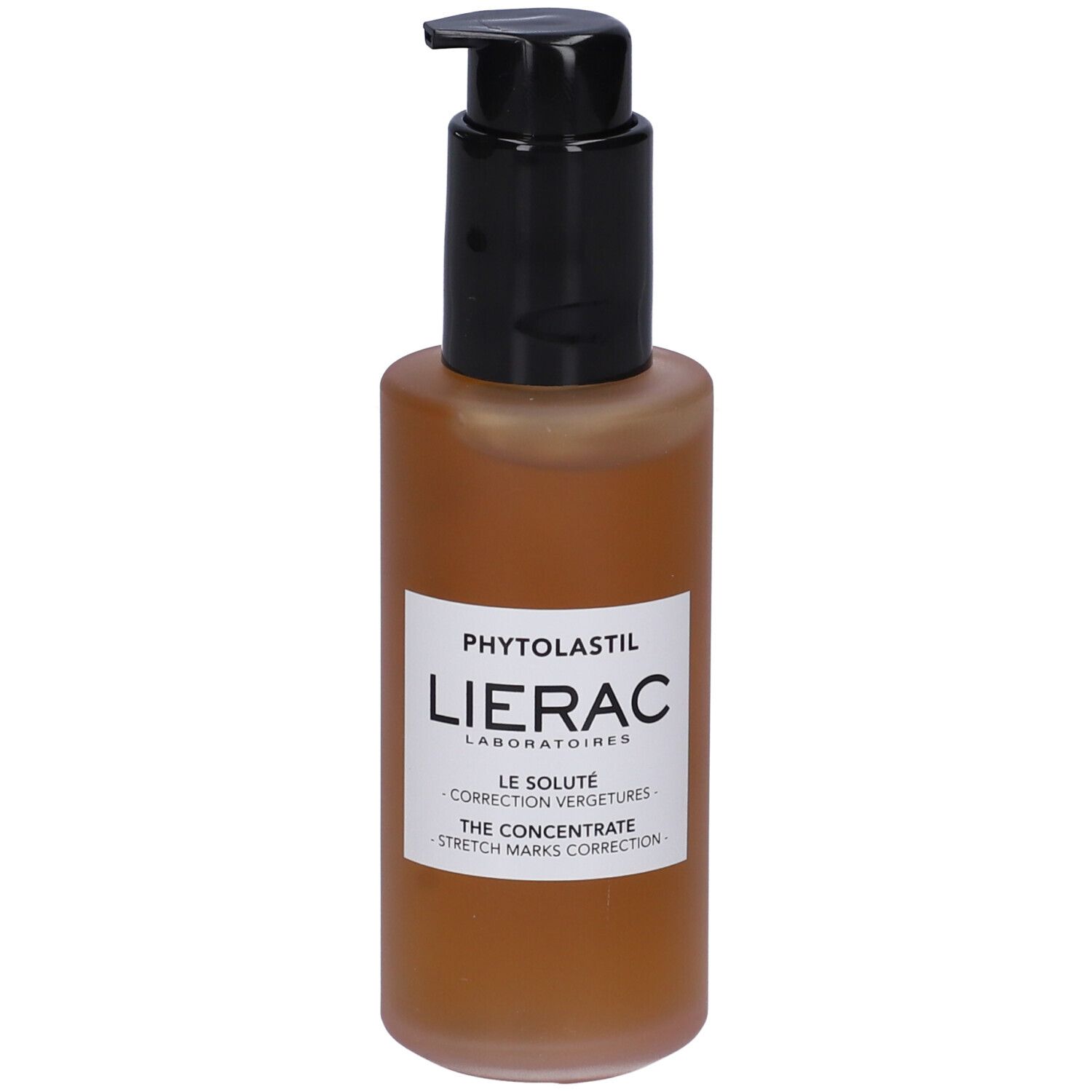 Flacone marrone con erogatore nero. Etichetta: Lierac, Phytolastil, The Concentrate. Correzione smagliature.