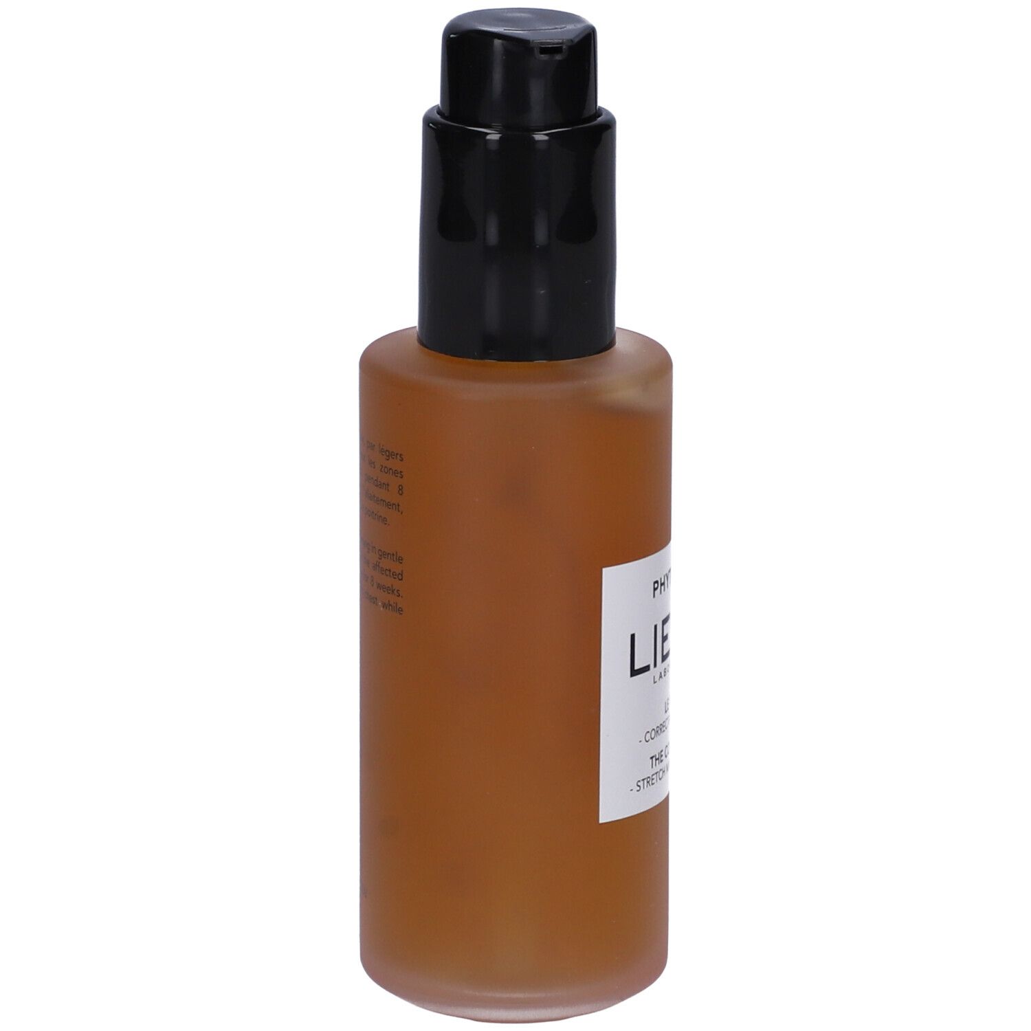 Flacone marrone con erogatore nero. Etichetta: Lierac, Phytolastil, The Concentrate. Correzione smagliature.