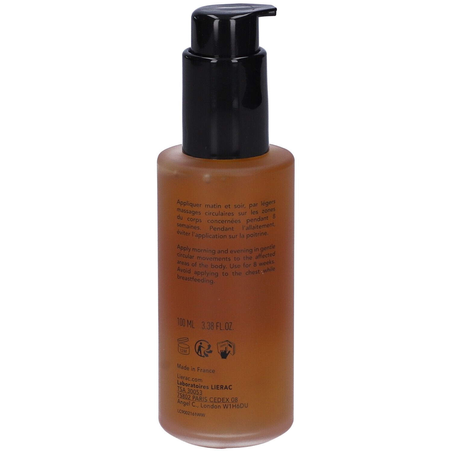 Flacone marrone con erogatore nero. Testo sul retro. 100 ml. Istruzioni per l'uso.