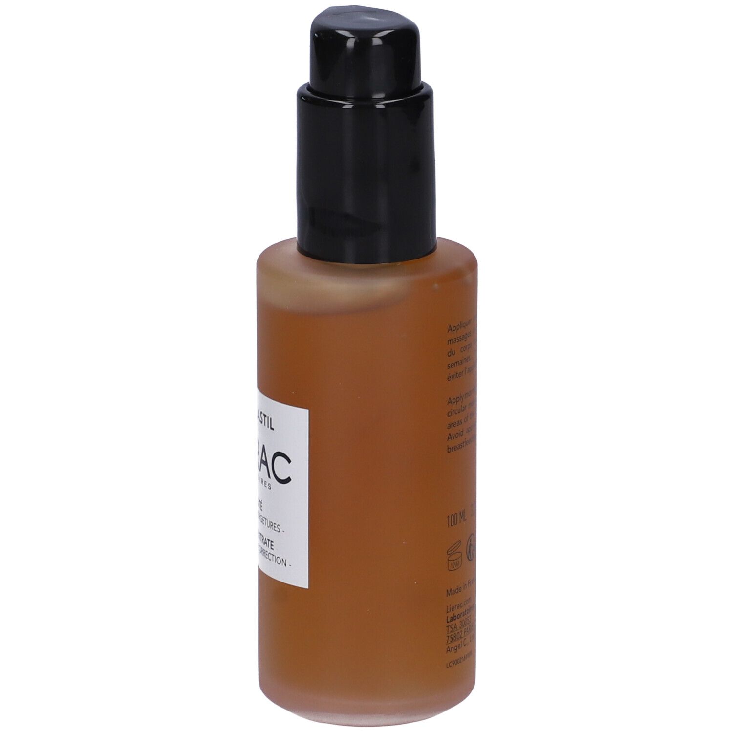 Flacone marrone con erogatore nero. Etichetta: Lierac, Phytolastil, The Concentrate. Correzione smagliature.