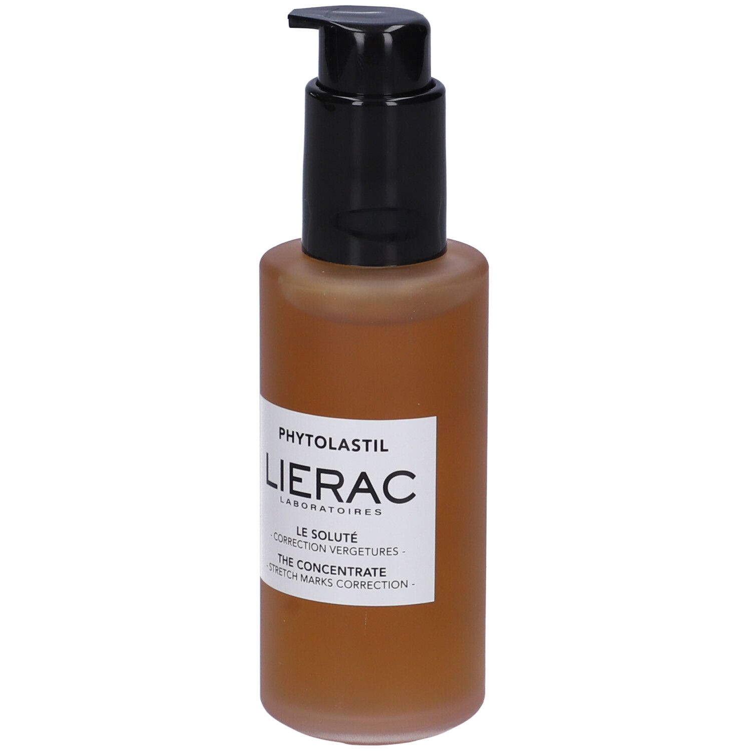 Flacone marrone con erogatore nero. Etichetta: Lierac, Phytolastil, The Concentrate. Correzione smagliature.