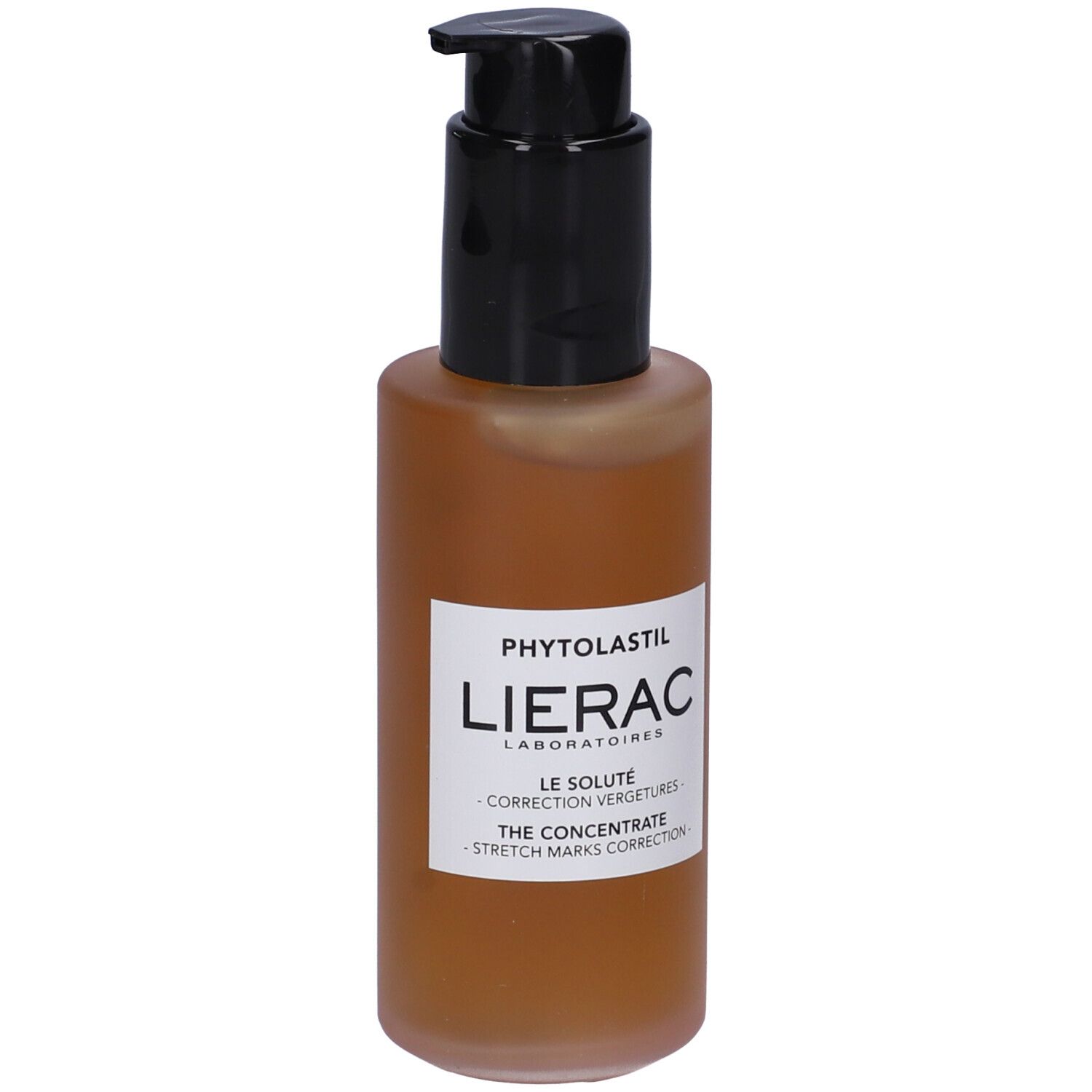 Flacone marrone con erogatore nero. Etichetta: Lierac, Phytolastil, The Concentrate. Correzione smagliature.