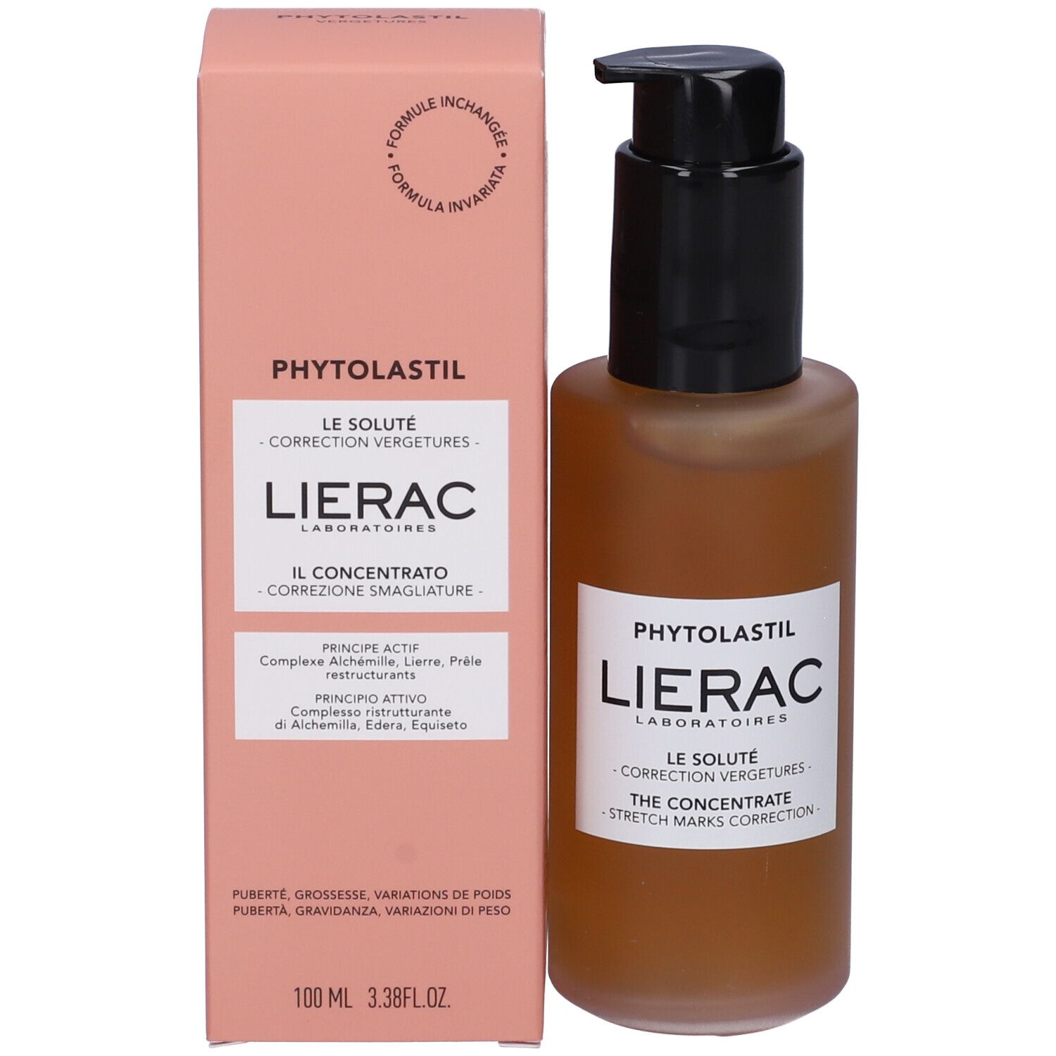 Flacone con erogatore e confezione rosa. Scritta: Lierac, Phytolastil, The Concentrate. 100 ml.