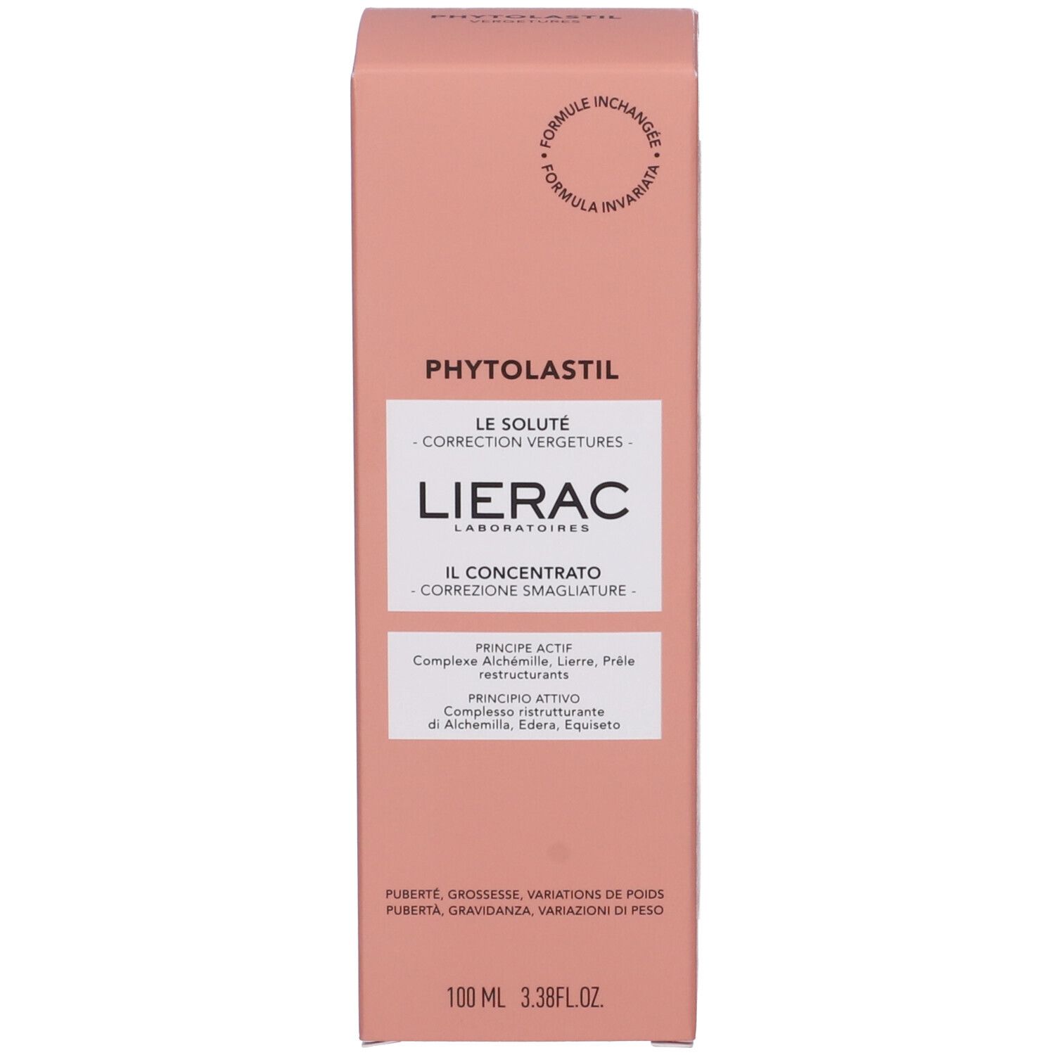 Confezione rosa con nome del prodotto e testo. Scritta: Lierac, Phytolastil, The Concentrate. 100 ml.