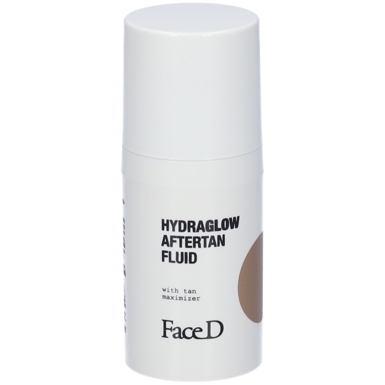 Weißer Spender mit Aufschrift HYDRAGLOW AFTERTAN FLUID. Brauner Kreis. Marke Face D.