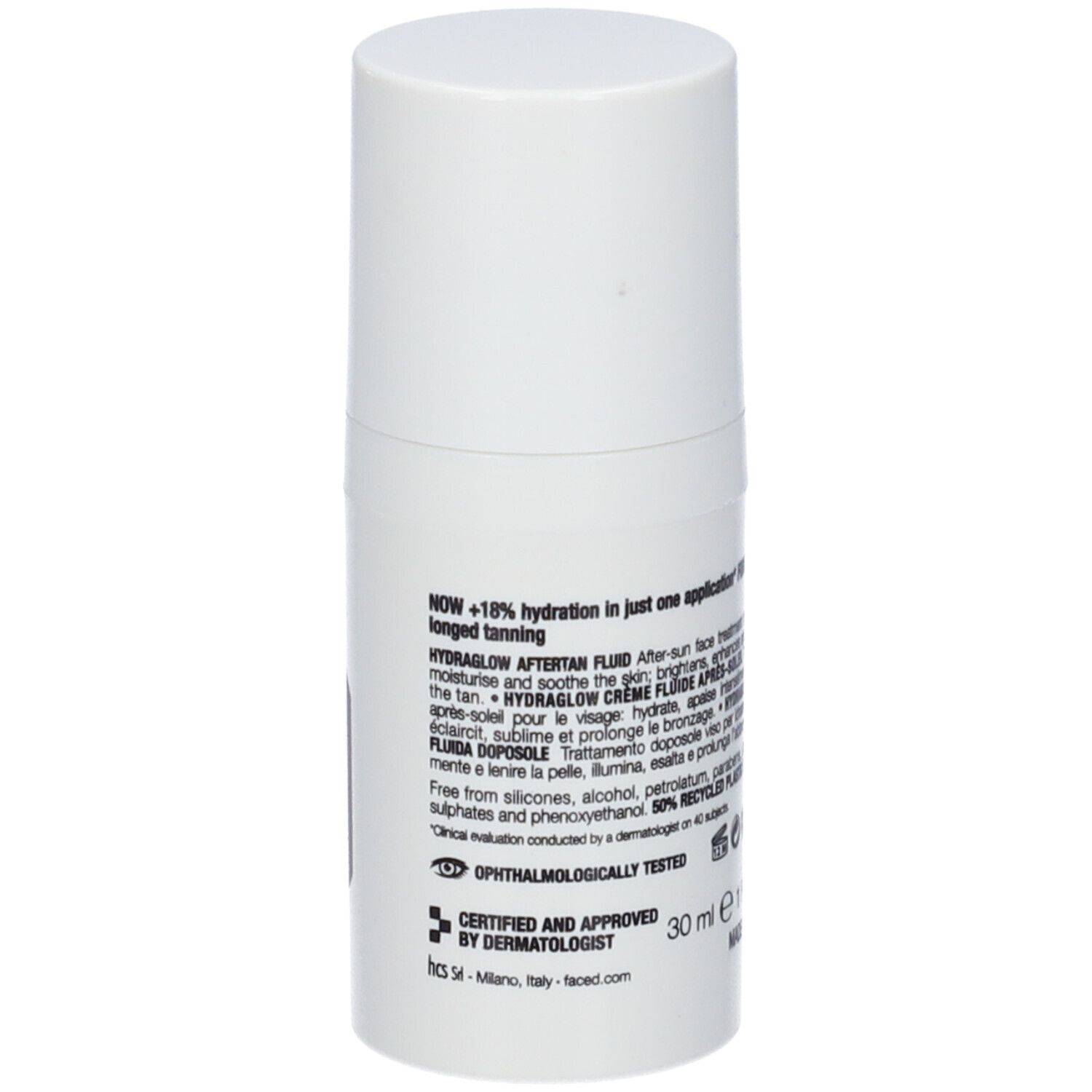 Weißer Spender mit Aufschrift HYDRAGLOW AFTERTAN FLUID. Text und brauner Kreis. Marke Face D.